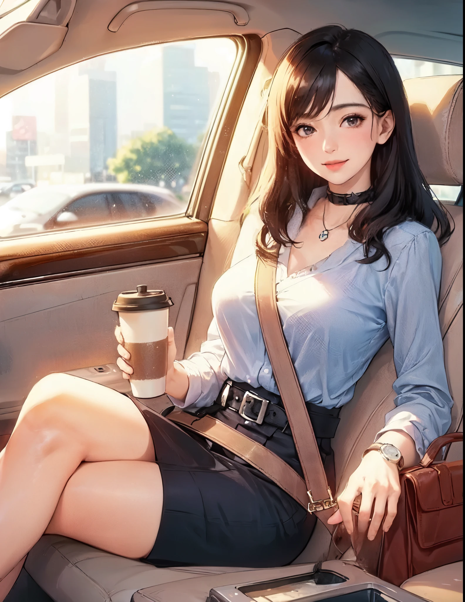 1lady solo, (sitting on passenger seat), (crossed legs), (stylish outfit), mature female, /(black hair/) bangs, blush kind smile, (masterpiece best quality:1.2) delicate illustration ultra-detailed, large breasts BREAK holding a coffee cup BREAK (car indoors:1.2) passenger seat (seatbelt:1.2), (blur of the cityscape rushing by)
