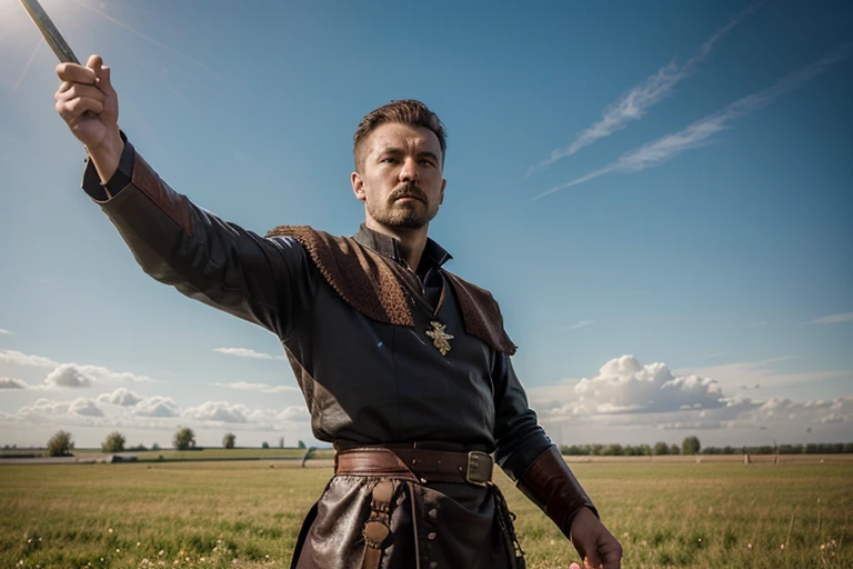 painting of a man holding a sword in a hey field with a sky background, inspired by Pál Szinyei Merse, inspired by János Saxon-Szász, inspired by Roman Bezpalkiv, inspired by Mārtiņš Krūmiņš, ancient slavic, COSSACKS, COSSACK, ukrainian man, cossack with a sable sword, muscular cossack, ukrainian herritage