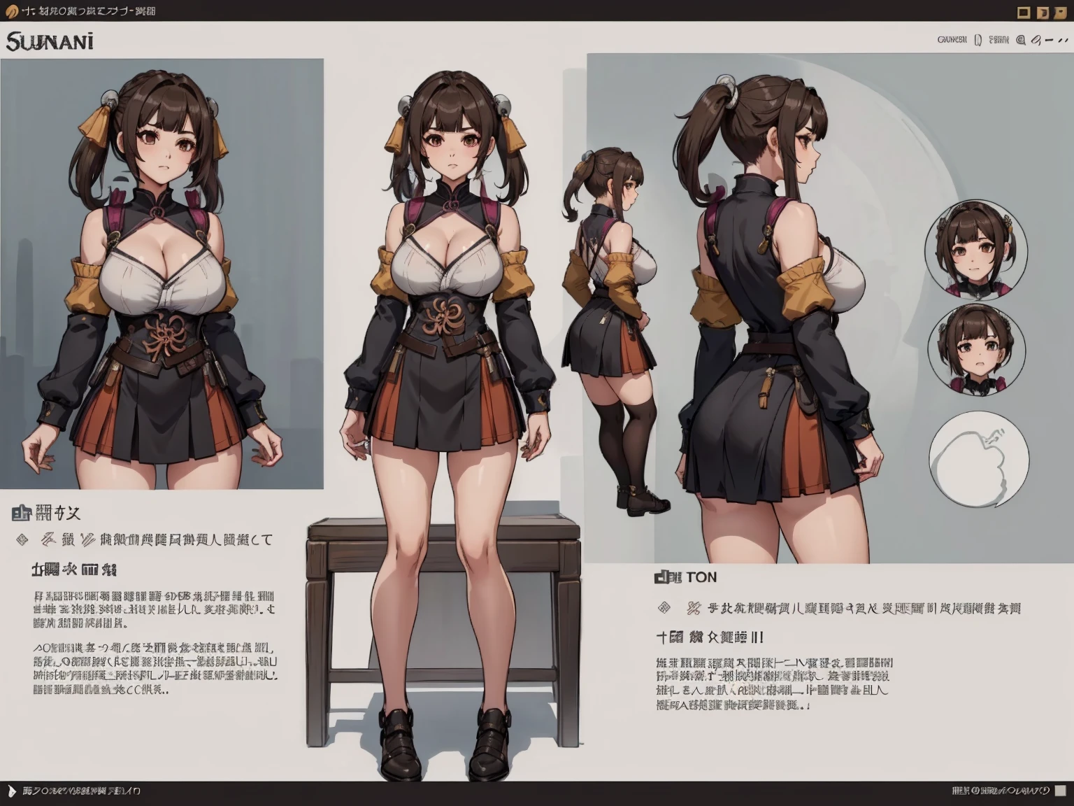 girl, solo, full body, from head to toe, sitting on the chair, (Huge_Breasts:1.3), 

1woman, reference sheet, matching outfit, (fantasy character design, front, back, sides, left, right, up, down,

sushang, dress, twin tail hair, twin tail, brown hair, cleavage, short skirt, sexy pose, pose, sexy