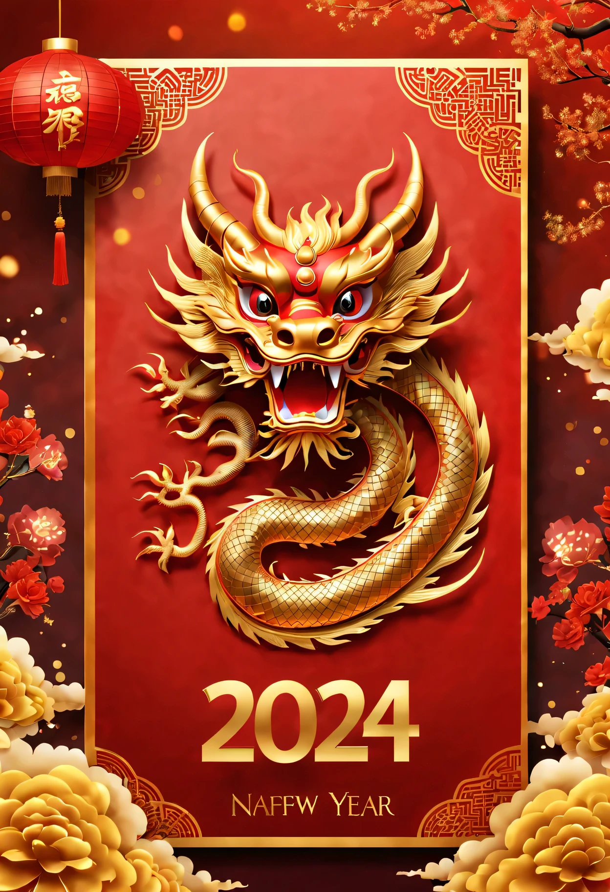 Red envelopes,封面有一条金色的中国dragon和文字"New Year 2024”(Boutiques,4K,masterpiece:1.2),Super fine,human development report,bright colors,Shiny and vibrant,festive atmosphere,Chinese traditional elements background,Intricate decorative borders on envelopes,dragon'Her eyes sparkle with magic and hope,Fireworks twinkling in the night sky。