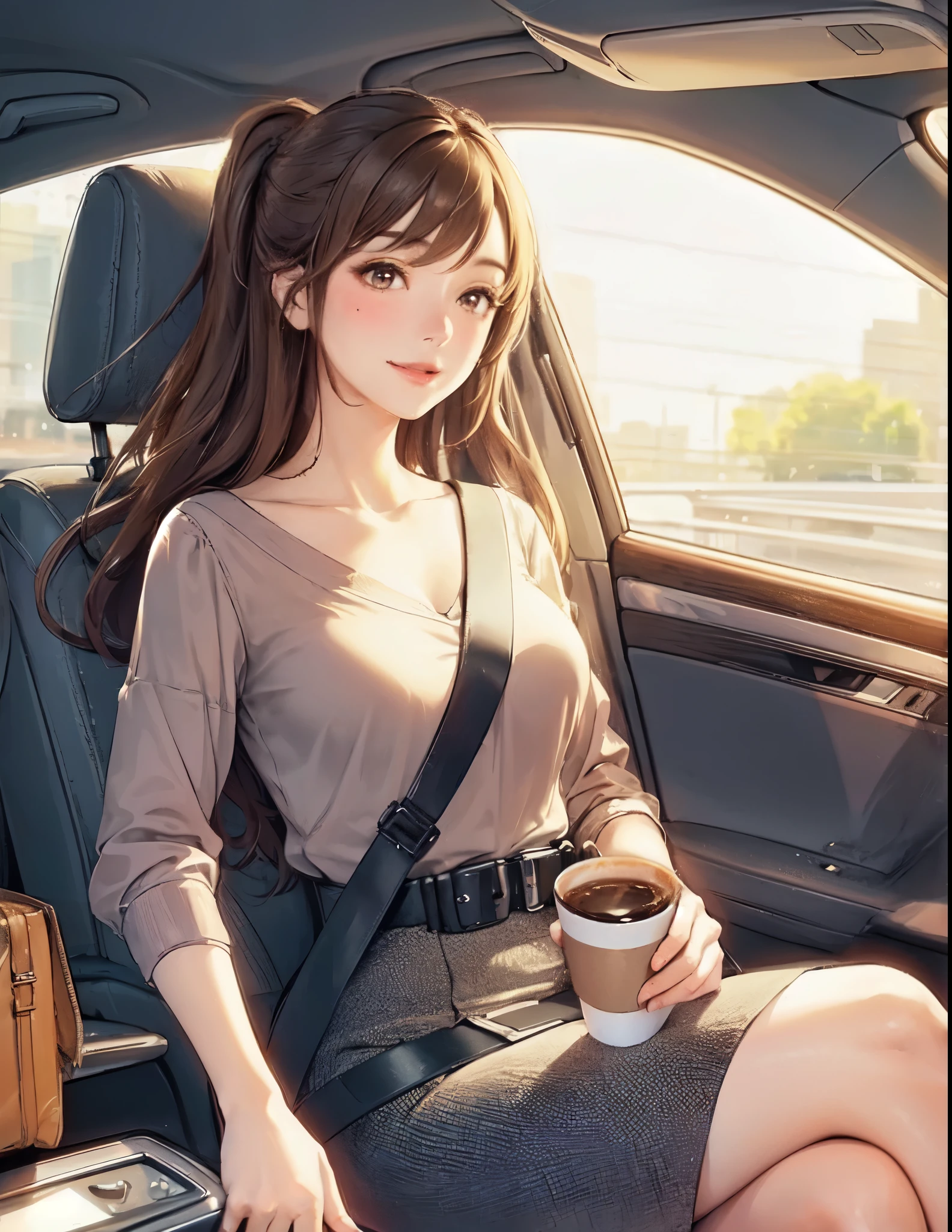 1lady solo, (sitting on passenger seat), (crossed legs), (stylish outfit), mature female, /(brown hair/) bangs, blush kind smile, (masterpiece best quality:1.2) delicate illustration ultra-detailed, large breasts BREAK holding a coffee cup BREAK (car indoors:1.2) passenger seat (seatbelt:1.2), (blur of the cityscape rushing by)