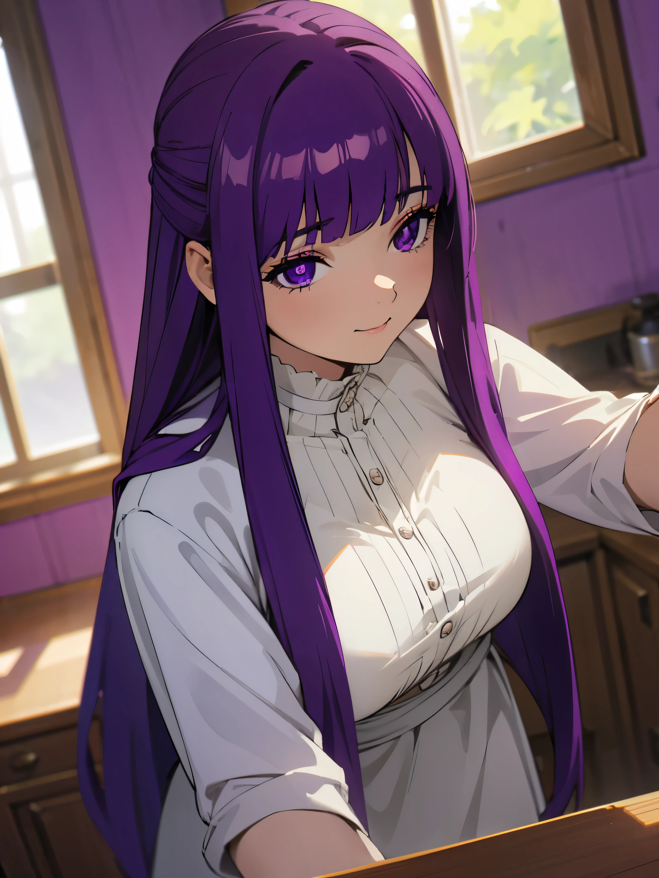 1girl, fern from frieren, long purple hair, purple eyes, wearing white, indoor background, kitchen background, sunlight comes from window, vibrance, daily activites pose, highres, ultrahd, 4k, masterpiece, cheerful atmosphere, seducing, seduce, seducing face,