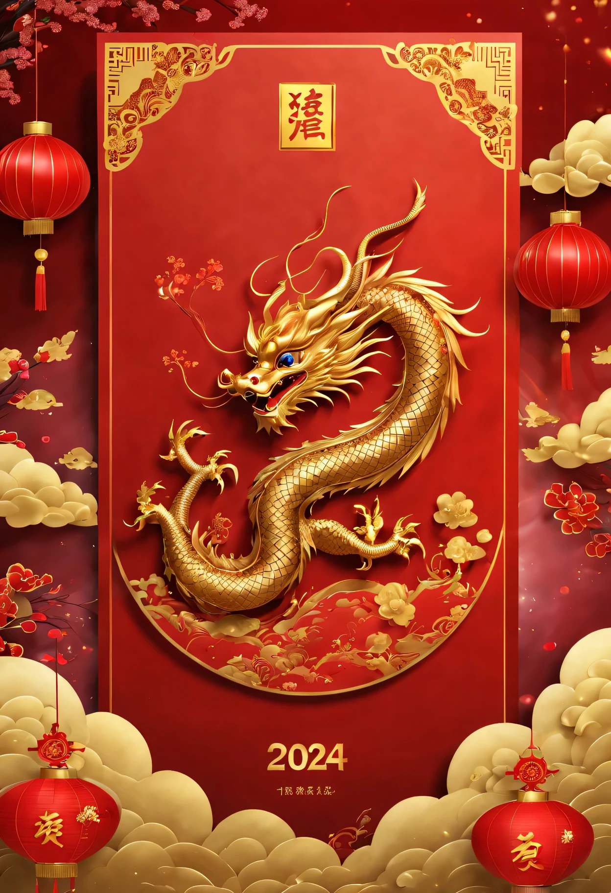 Red envelopes,封面有一条金色的中国dragon和文字"New Year 2024”(Boutiques,4K,masterpiece:1.2),Super fine,human development report,bright colors,Shiny and vibrant,festive atmosphere,Chinese traditional elements background,Intricate decorative borders on envelopes,dragon'Her eyes sparkle with magic and hope,Fireworks twinkling in the night sky。