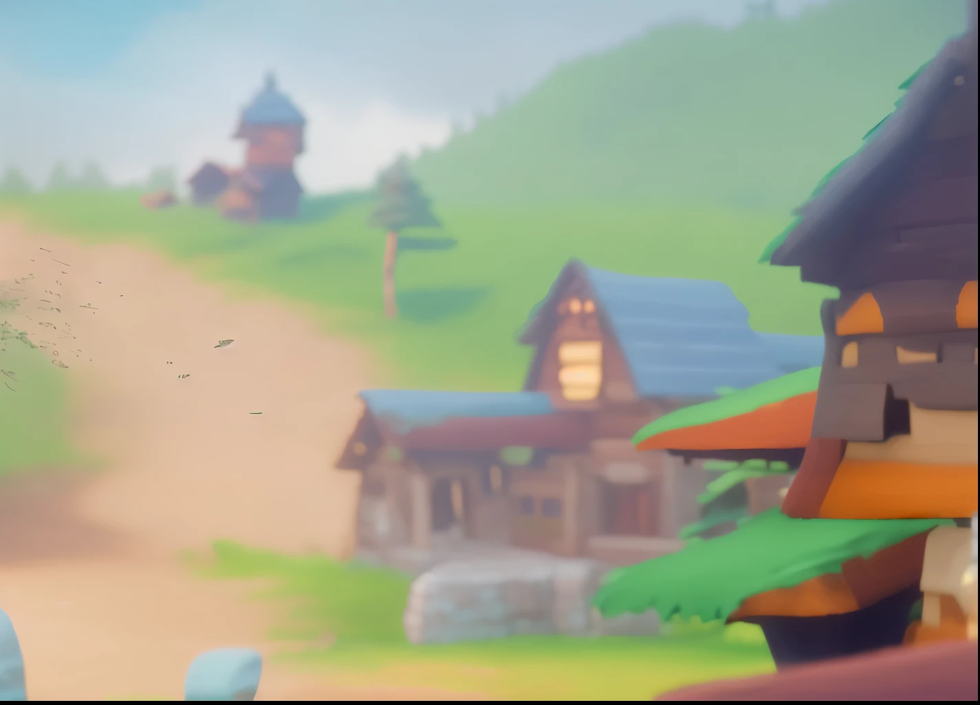 pines,The grass and distant house structures are clearly visible, high quality, 4K, super actual, actual, Super details