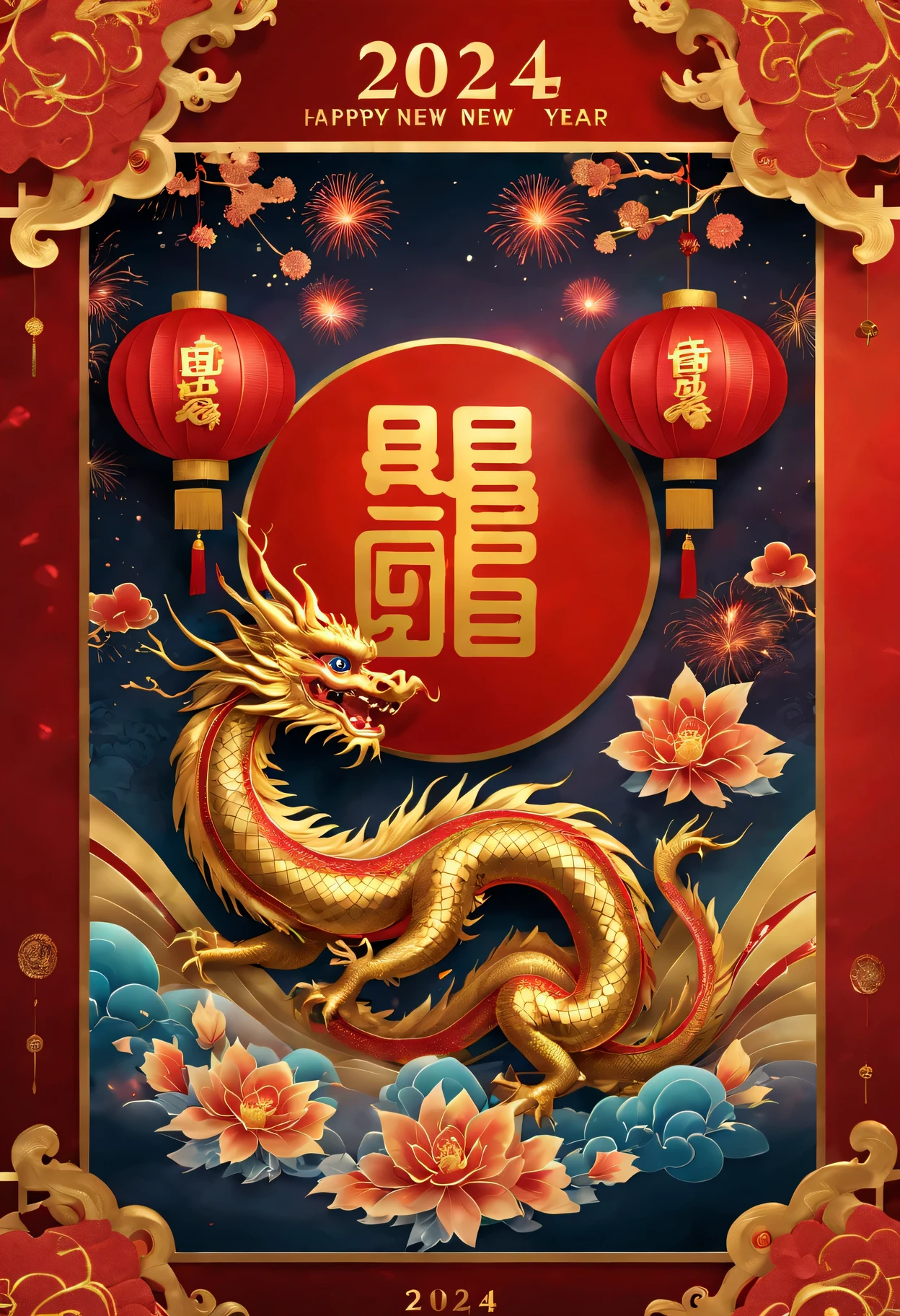 Red envelopes,封面有一条金色的中国dragon和文字"New Year 2024”(Boutiques,4K,masterpiece:1.2),Super fine,human development report,bright colors,Shiny and vibrant,festive atmosphere,Chinese traditional elements background,Intricate decorative borders on envelopes,dragon'Her eyes sparkle with magic and hope,Fireworks twinkling in the night sky。
