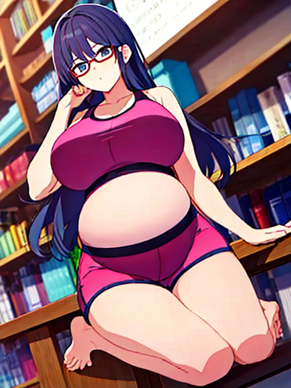 (Very high quality, detailed) A full body image of a pregnant girl wearing a sports bra, very thight shorts and glasses, she's standing barefoot and has very big breasts, long hair and a pretty thick body. She has her hands on her belly and her belly is uncovered