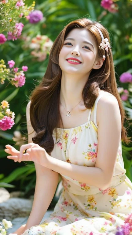1 girl, hairpins, earrings, jewelry, brown hair, looking at the audience, lips, playful, sitting in front of the drawing board, painting, thighs, whole body, in a sea of flowers or on the beach, she is wearing a white long dress, slightly sideways face, hands caressing long hair, gentle eyes, smiling, as if admiring the beauty of nature, such a photo will definitely make people feel her beautiful and innocent atmosphere. The tone of the photo can be predominantly natural, biased towards bright and soft, making people feel warm and serene. It seems to be dancing in harmony with its surroundings. Her breath is full of vitality and vitality, as if her whole body is venting the energy of youth. The whole picture is made more vivid by her presence, making people feel endless joy and vitality.