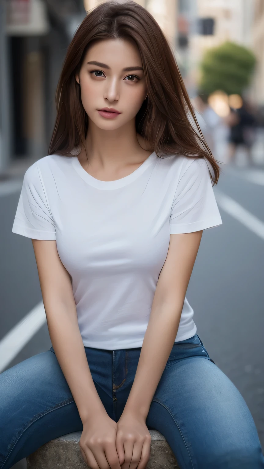 ((Realistic lighting, Best quality, 8K, Masterpiece: 1.3)), Clear focus: 1.2, 1girl, Perfect body beauty: 1.4, Slim abs: 1.1, ((dark brown hair, Medium breasts: 1.3)), (white T-shirt: 1.4), (Outdoor, day: 1.1), City streets, Super fine face, fine eyes, double eyelids, sitting ,wearing jeans