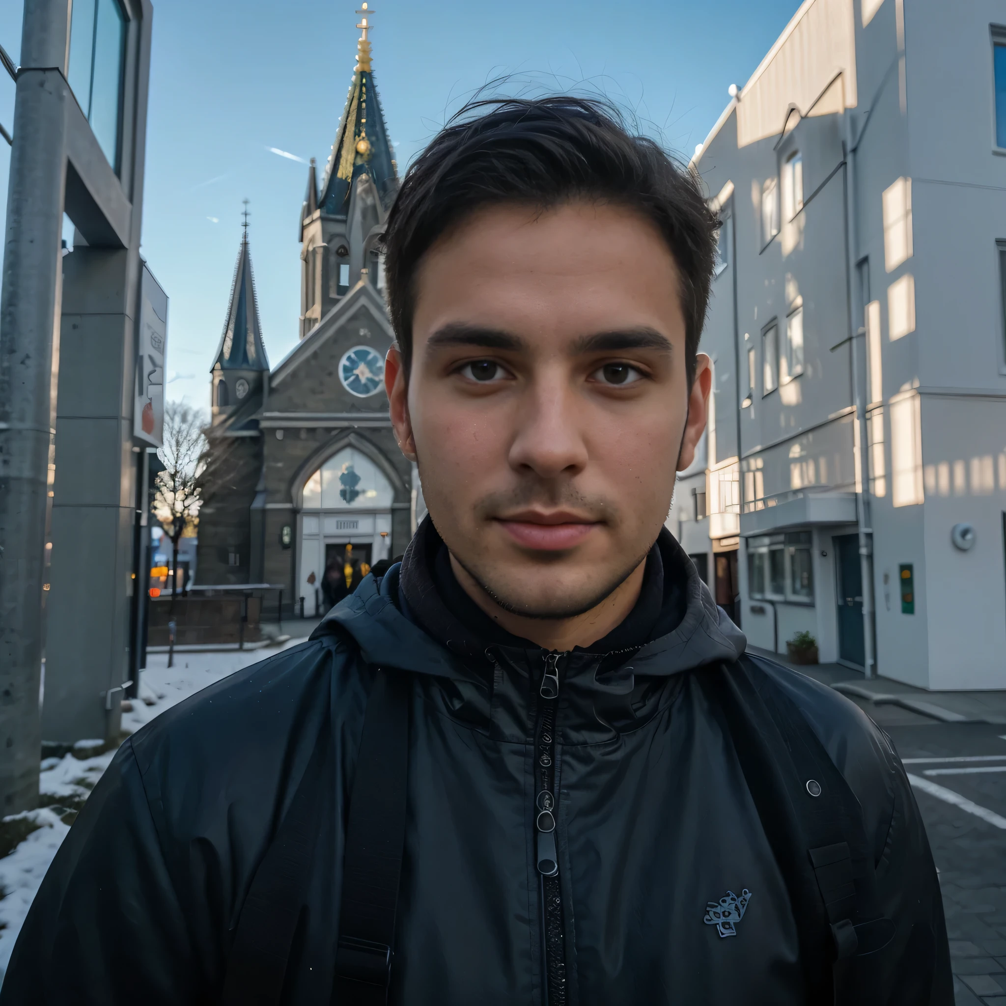 selfie of an Italian 30 years old man in reykjavik and background being the landmark church