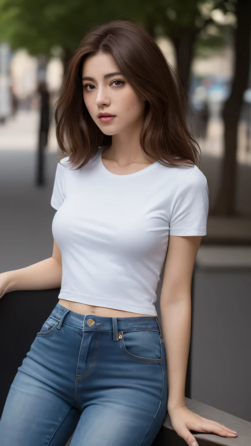 ((Realistic lighting, Best quality, 8K, Masterpiece: 1.3)), Clear focus: 1.2, 1girl, Perfect body beauty: 1.4, Slim abs: 1.1, ((dark brown hair, Medium breasts: 1.3)), (white T-shirt: 1.4), (Outdoor, day: 1.1), City streets, Super fine face, fine eyes, double eyelids, sitting ,wearing jeans