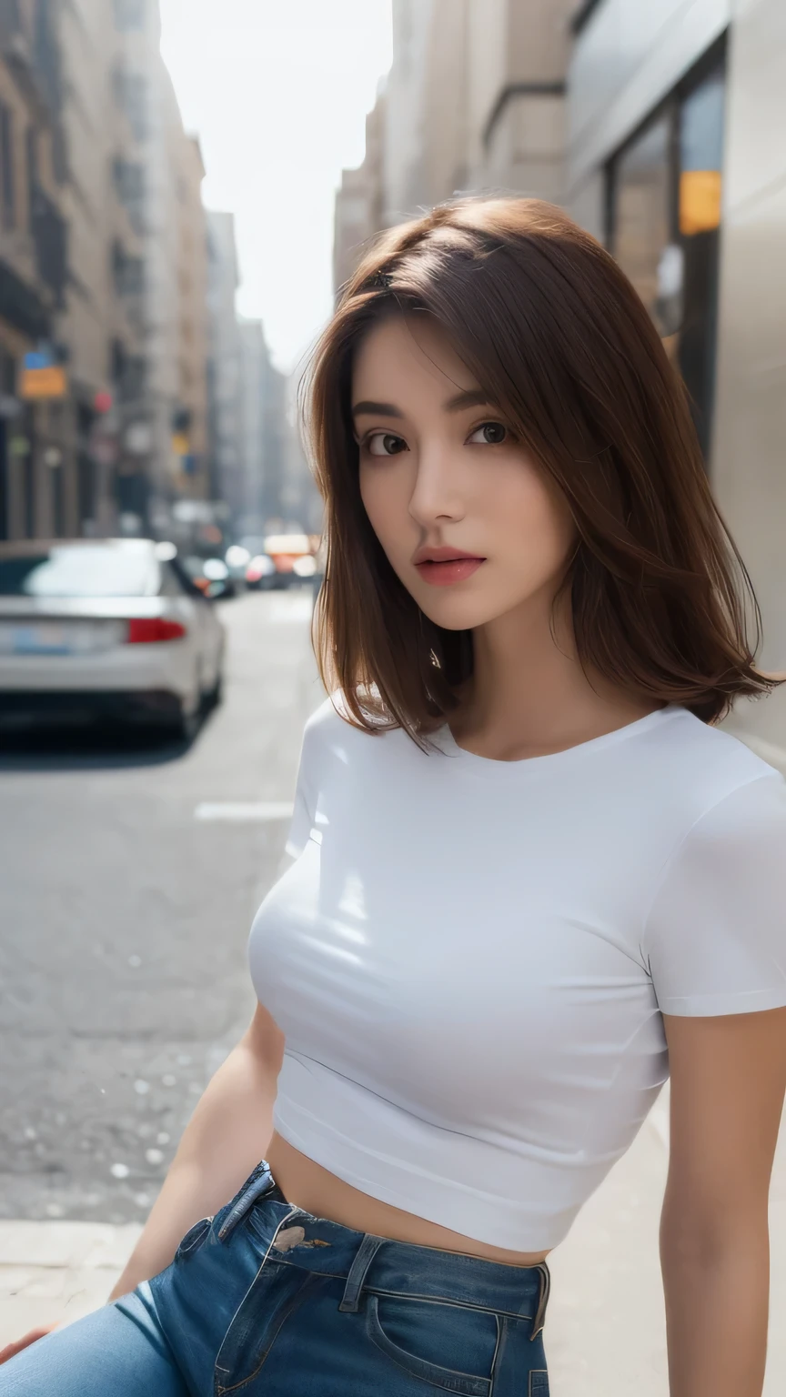 ((Realistic lighting, Best quality, 8K, Masterpiece: 1.3)), Clear focus: 1.2, 1girl, Perfect body beauty: 1.4, Slim abs: 1.1, ((dark brown hair, Medium breasts: 1.3)), (white T-shirt: 1.4), (Outdoor, day: 1.1), City streets, Super fine face, fine eyes, double eyelids, sitting ,wearing jeans