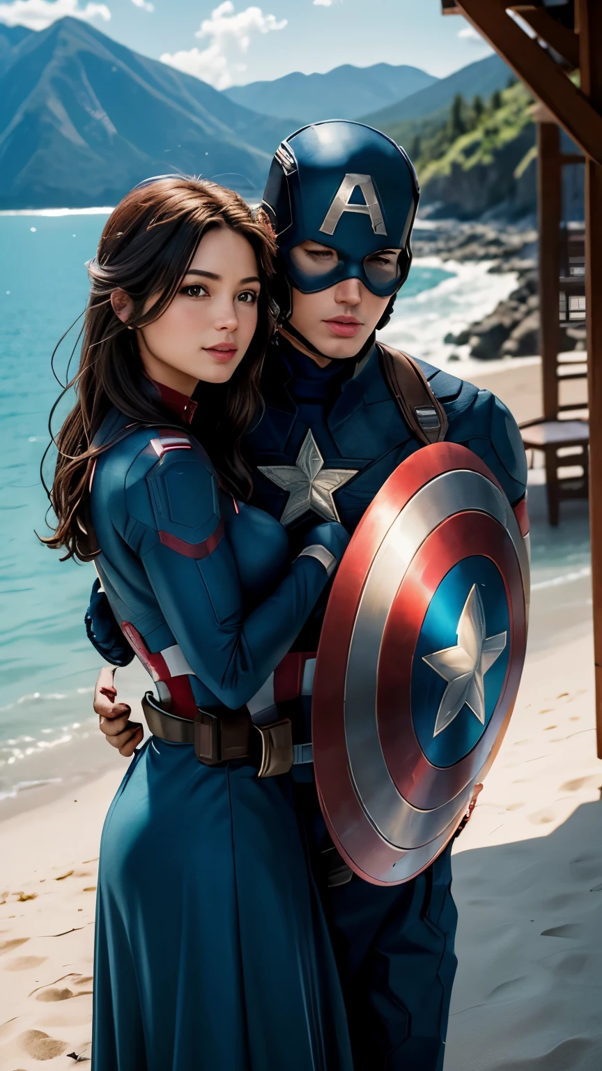 ((("Photorealistic Captain america and Wife on Vacation")))
Subject: A captivating photorealistic photograph capturing captain america and his wife enjoying a vacation together in a picturesque setting.
Type of Image: Photorealistic photograph.
Art Styles: Realism, Romantic.
Art Inspirations: captain america iconic appearance and the joy of vacation.
Characters: captain america and his wife depicted in a relaxed and intimate vacation moment.
Background: A stunning vacation spot, such as a serene beach, scenic mountain landscape, or vibrant city square, creating a sense of romance and escapism.
Camera: Medium shot.
Pose: Natural and affectionate pose that highlights their bond and the beauty of the vacation spot.
Lighting: Soft and warm lighting, enhancing the romantic ambiance of the scene.
Resolution: High-resolution, capturing intricate details of the characters and the vacation backdrop.
Camera Lens: 50mm.
View: Medium shot.