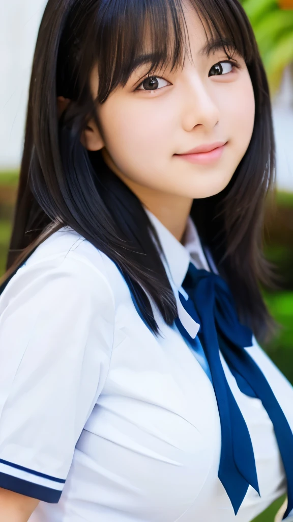 Top quality, beautiful Japanese woman, student, black hair, uniform, white shirt, bust up, neat, chubby body, young face, large breasts