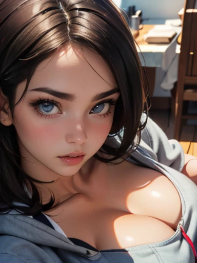 (((HD photo))), ultra high res.photorealistic:. 1.4, UHD, masterpiece, trending on artstation, upper body shot, close up shot of her face and cleavage, pretty, cute girl, most beautiful in the world, perfect hips, soft, delicate, long dark hair, slim body, large breasts, nsfw, wearing grey hoodie, sunkissed, apartment interior background