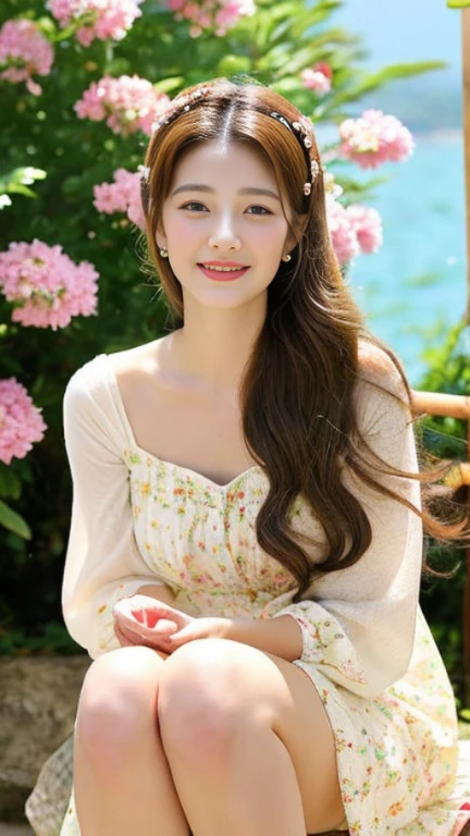 1 girl, hairpins, earrings, jewelry, brown hair, looking at the audience, lips, playful, sitting in front of the drawing board, painting, thighs, whole body, in a sea of flowers or on the beach, she is wearing a white long dress, slightly sideways face, hands caressing long hair, gentle eyes, smiling, as if admiring the beauty of nature, such a photo will definitely make people feel her beautiful and innocent atmosphere. The tone of the photo can be predominantly natural, biased towards bright and soft, making people feel warm and serene. It seems to be dancing in harmony with its surroundings. Her breath is full of vitality and vitality, as if her whole body is venting the energy of youth. The whole picture is made more vivid by her presence, making people feel endless joy and vitality.