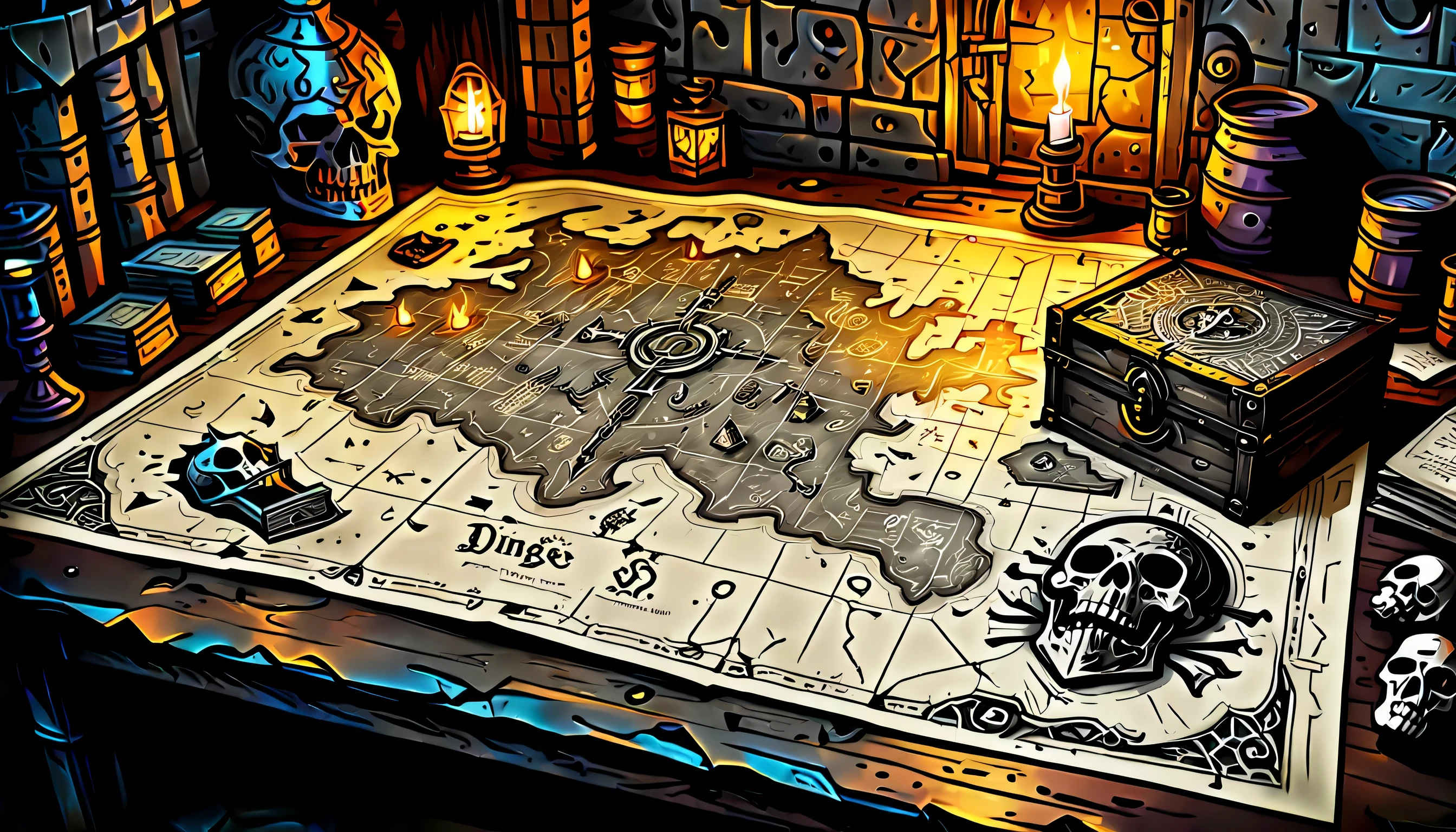 Meticulously designed dark fantasy dungeon maps, Decorated with intricate details showing a sense of madness, Delicate brush strokes and ink drawing techniques, Meticulously designed dark fantasy paper maps, on the table, Alchemist's room, (((Dungeon paper map background with transparent effect:1.3))), dark fantasy creature figures, skull head, treasure chests, Intricate detailed gouache grunge illustration, Unorganized resolution, high quality, the glow of a dim lamp,
