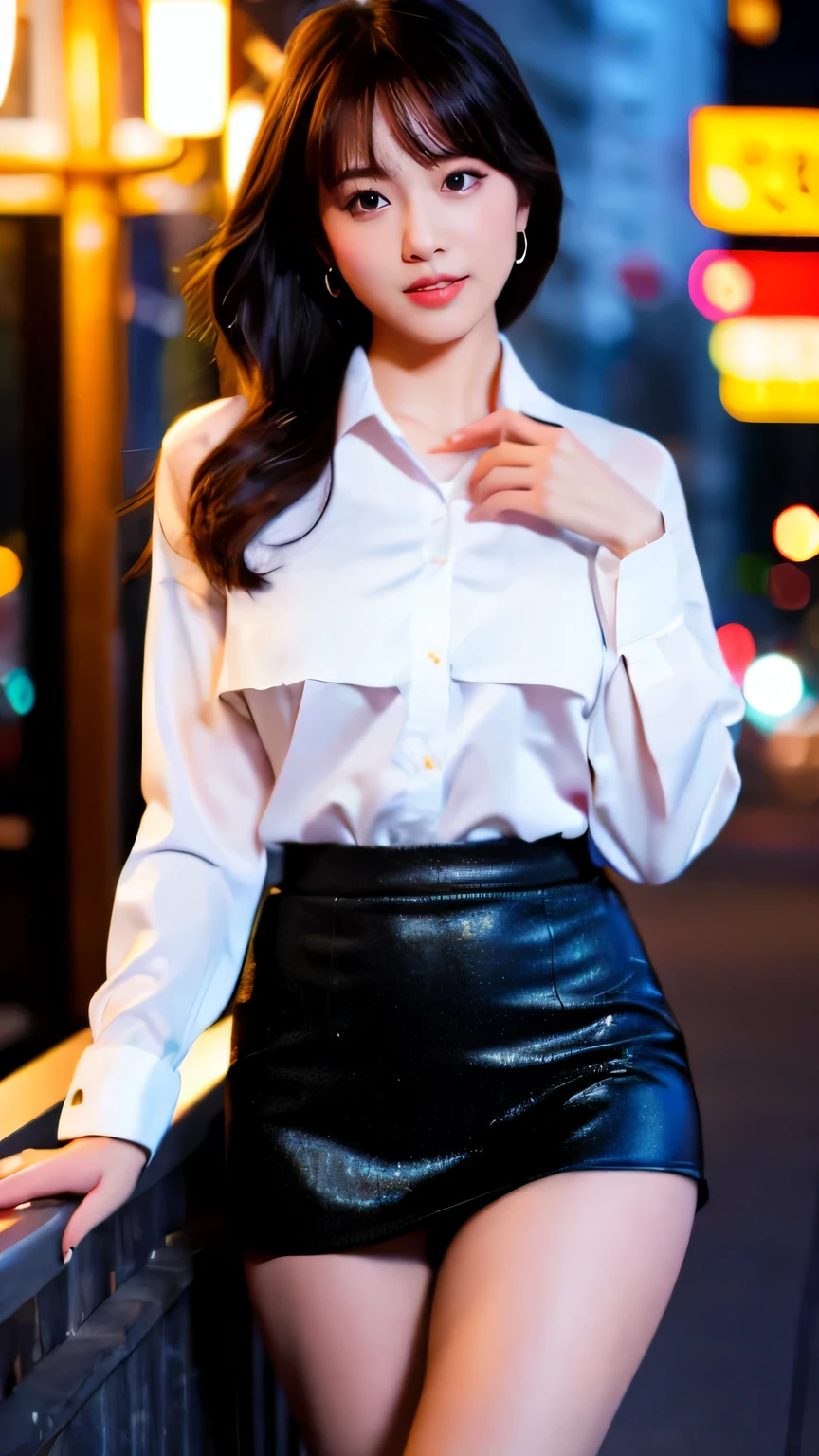 (realistic, photo-realistic:1.4), (extremely detailed 8k wallpaper), sharp focus, depth of field, blur background, detailed beautiful eyes and skin, (Image from thighs to head), Canon R5 50mm, Japanese idol, large breast, Timeless black pencil skirt with a white silk blouse, Classic, Elegant, Evening cityscape, Sophisticated dinner party,
