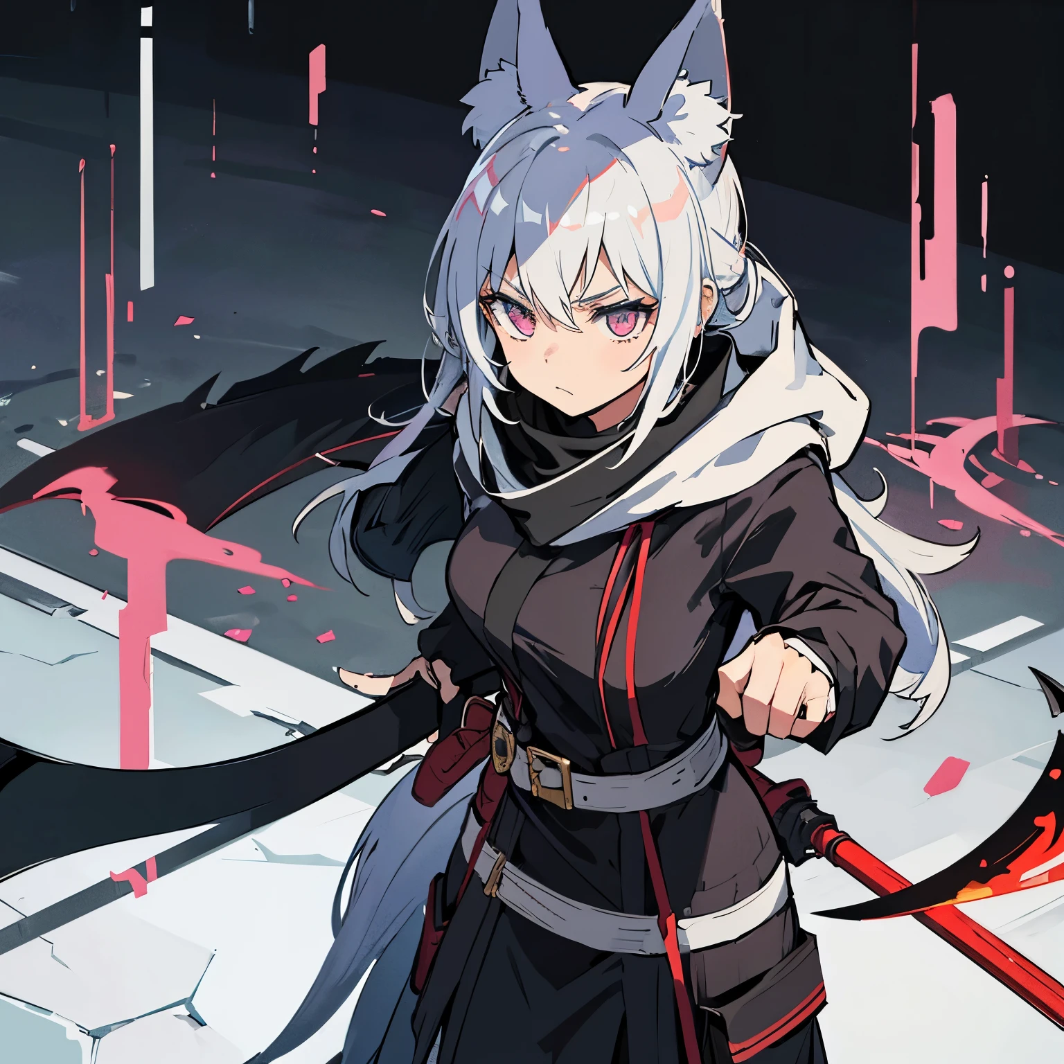 I am girl and I attacker, my weapon is a scythe, I wear a mask and I wear Wolf robe, my hand is bandaged.