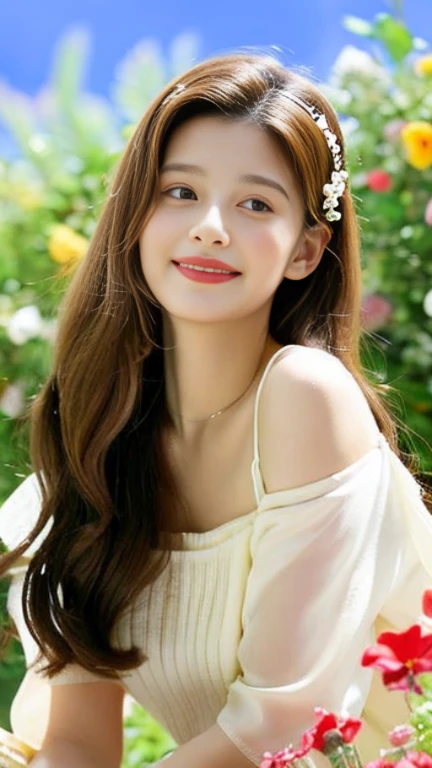 1 girl, hairpins, earrings, jewelry, brown hair, looking at the audience, lips, playful, sitting in front of the drawing board, painting, thighs, whole body, in a sea of flowers or on the beach, she is wearing a white long dress, slightly sideways face, hands caressing long hair, gentle eyes, smiling, as if admiring the beauty of nature, such a photo will definitely make people feel her beautiful and innocent atmosphere. The tone of the photo can be predominantly natural, biased towards bright and soft, making people feel warm and serene. It seems to be dancing in harmony with its surroundings. Her breath is full of vitality and vitality, as if her whole body is venting the energy of youth. The whole picture is made more vivid by her presence, making people feel endless joy and vitality.