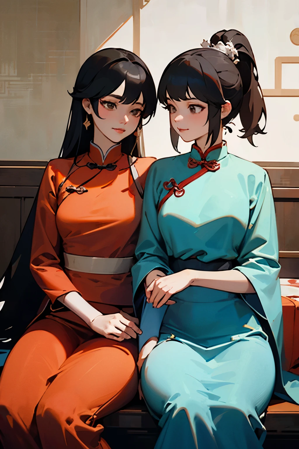 A princess from ancient China, sitting side by side with a woman wearing Chinese official attire, elegant and luxurious((best quality)), ((masterpiece)), (detailed), perfect face