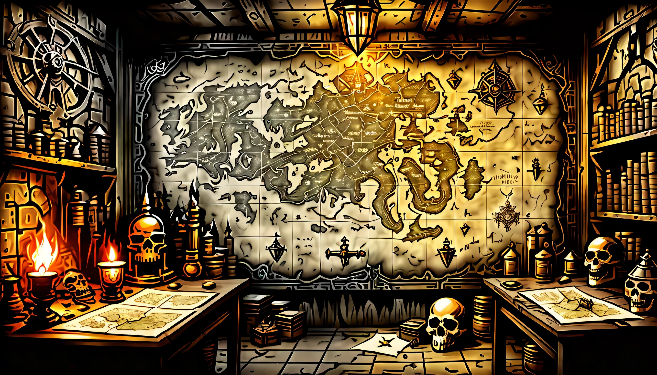 A meticulously designed map mural of a dark fantasy dungeon map., (((transparent effect background:1.3))), Decorated with intricate details showing a sense of madness, Delicate brush strokes and ink drawing techniques, Meticulously designed dark fantasy paper maps, on the table, Alchemist's room, (((Dungeon paper map background with transparent effect:1.3))), dark fantasy creature figures, skull head, treasure chests,