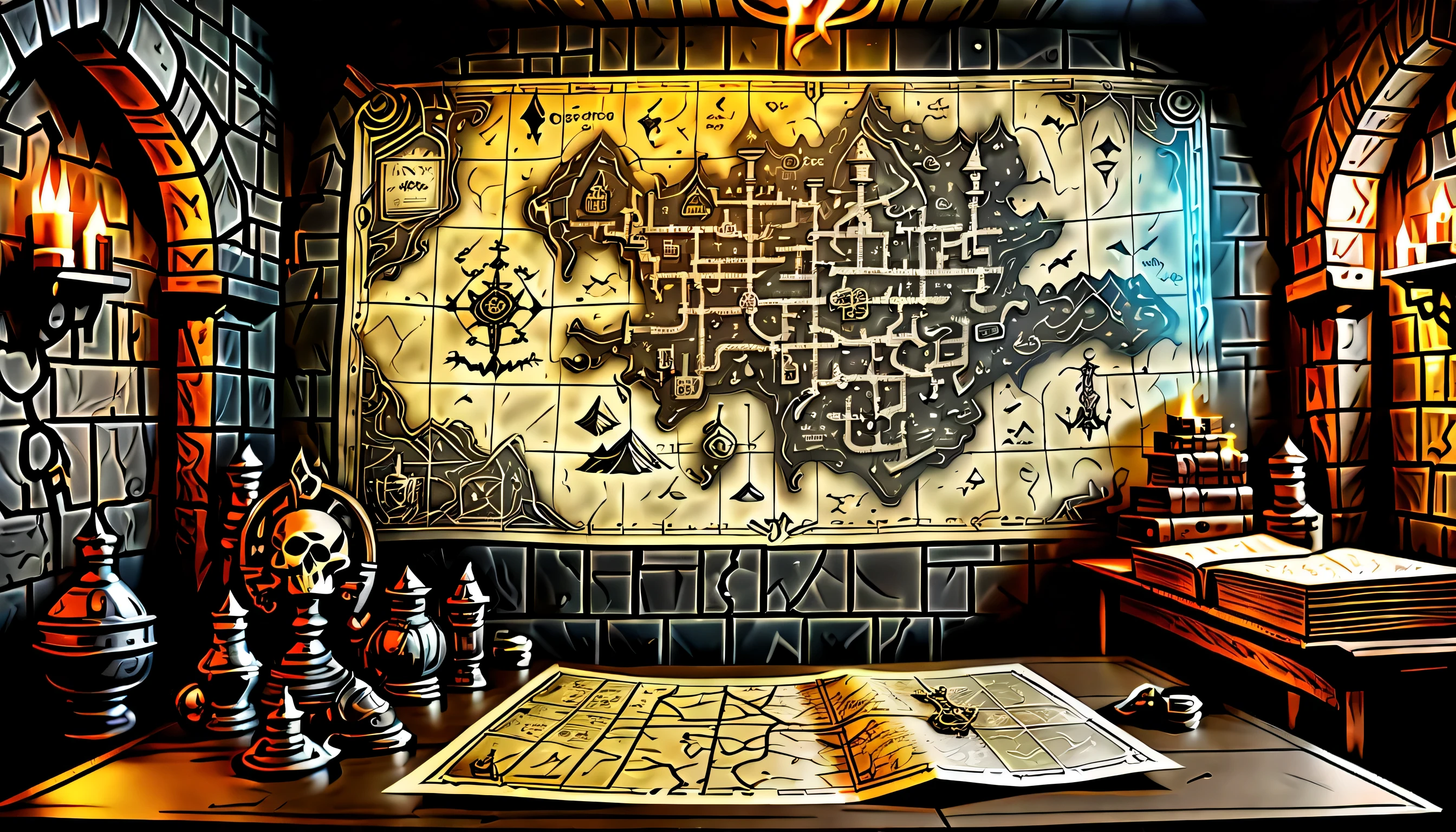 A meticulously designed map mural of a dark fantasy dungeon map., (((transparent effect background:1.3))), Decorated with intricate details showing a sense of madness, Delicate brush strokes and ink drawing techniques, Meticulously designed dark fantasy paper maps, on the table, Alchemist's room, (((Dungeon paper map background with transparent effect:1.3))), dark fantasy creature figures, skull head, treasure chests,
