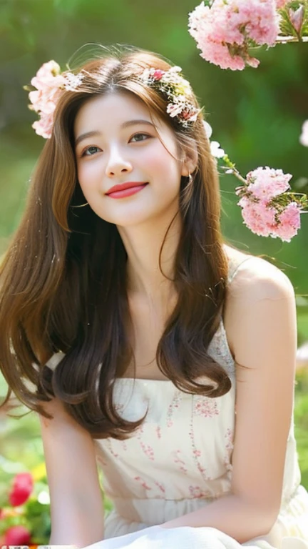 1 girl, hairpins, earrings, jewelry, brown hair, looking at the audience, lips, playful, sitting in front of the drawing board, painting, thighs, whole body, in a sea of flowers or on the beach, she is wearing a white long dress, slightly sideways face, hands caressing long hair, gentle eyes, smiling, as if admiring the beauty of nature, such a photo will definitely make people feel her beautiful and innocent atmosphere. The tone of the photo can be predominantly natural, biased towards bright and soft, making people feel warm and serene. It seems to be dancing in harmony with its surroundings. Her breath is full of vitality and vitality, as if her whole body is venting the energy of youth. The whole picture is made more vivid by her presence, making people feel endless joy and vitality.