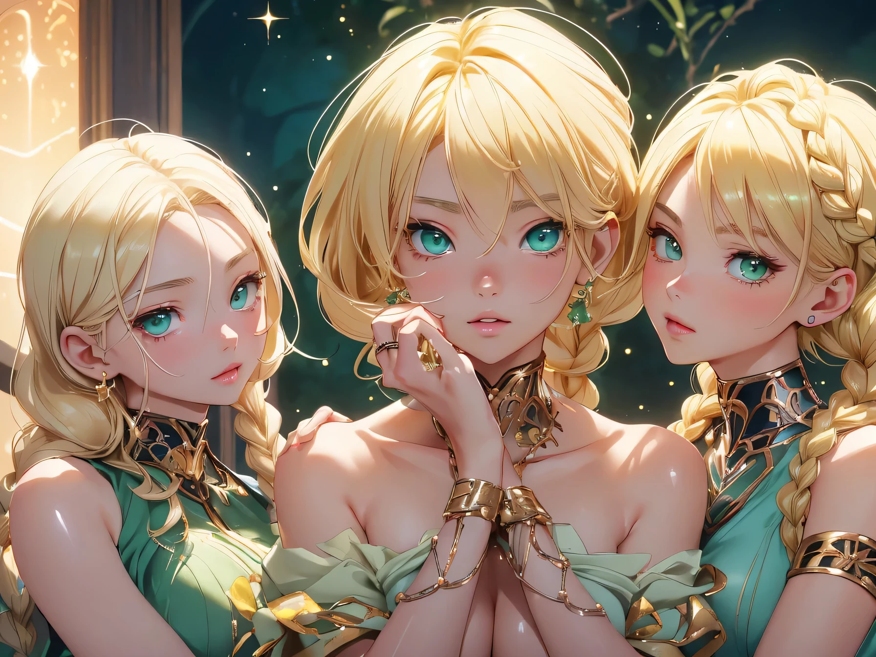 nsfw:1.1, high resolution:1.7, incredibly absurdres, kawaii:1, cute:1.5, hires.fix, anime visual:1, incredibly fine illustration,8k,masterpiece:1.2,best quality, high quality, exquisite, beautiful, insanely detailed, intricate detailed, extremely detailed, Super Definition, ultra high res, Super Resolution, best aesthetic, ultra detailed:1.5, best quality, perfect face, detailed face, masterpiece:1.2, illustration:1.2, 8k cg wallpaper, stunning art,absurdres,octane render,ultra hires,
Japanese Actress,(Idol),18yo,Beautiful,(Cute and lovely),cute girl,((anime elf with extremely cute and beautiful blonde hair)),((((blonde hair:1.35,blonde single braid,colored inner hair,ear breathing)))),(((green_eyes:1.3))),intricate eyes,beautiful detailed eyes,symmetrical eyes,big eyes:1.5,enchanting bright eyes studded with gold and silver dust,(((pinky skin,glowing_skin,lustrous skin:1.5,bright skin: 1.5,skin tanned,shiny skin,very shiny skin,shiny body,plastic glitter skin,exaggerated shiny skin,illuminated skin))),upward breasts,waist slender,(detailed body,(detailed face)),cute,daring,zettai ryouiki,show skin,best relationship with four fingers and one thumb,Very Fine Face and Eyes,Very Fine Hair,(Perfect Anatomy),((girl trembling with sexual climax)),Garter Belt,Bare shoulders,((Check out our thru-rack chokers and midi rings with chains,3 girls having lesbian sex nude