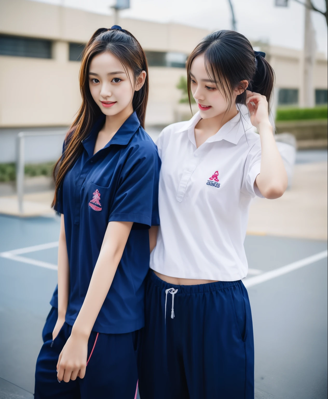2 girls playing badminton, Navy blue short-sleeved shirt,Navy Long Trackpant,Sweatpants, Sweatpantsขายาว,25 year old girl, lesbian, sexy, exercise clothes, wet body, exercise clothes, On the badminton court, badminton court background