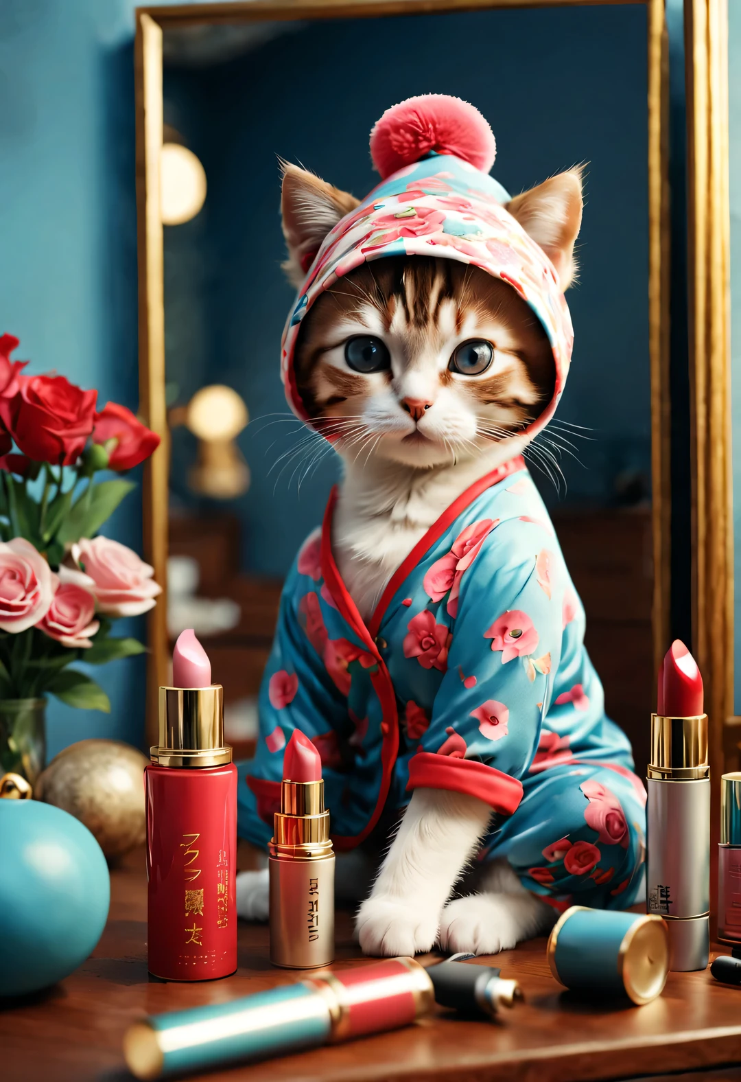 With folk art style,
 （一支可爱的小猫咪正在涂lipstick），Kitten wearing nightcap，Wearing hip-hop style pajamas，Wearing an exaggerated nightcap，detailed details，beautiful details，lipstick，Makeup Pen，perfume，flowers，Magazine，
background：Makeup in front of dressing table in bedroom 3D rendering， cartoon，illustration，Pixar，cartoon，ultra high definition， high quality，32k，