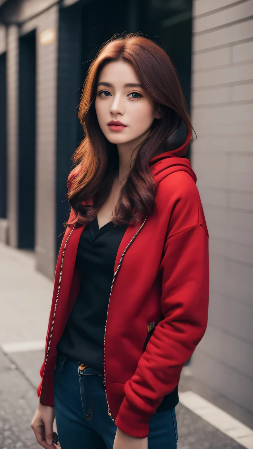 ((Realistic lighting, Best quality, 8K, Masterpiece: 1.3)), Clear focus: 1.2, 1girl, Perfect body beauty: 1.4, Slim abs: 1.1, ((dark red hair, Medium breasts: 1.3)), (Black jacket Hoodie: 1.4), (Outdoor, day: 1.1), City streets, Super fine face, fine eyes, double eyelids ,wearing jeans