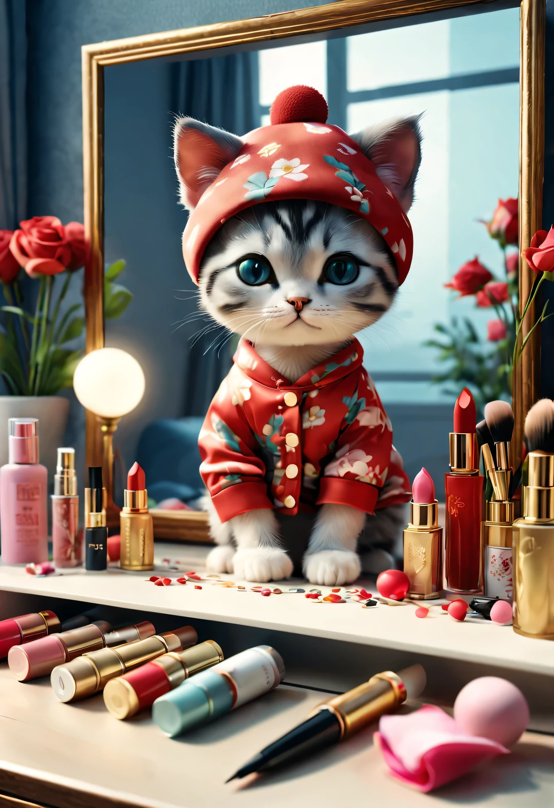 With folk art style,
 （一支可爱的小猫咪正在涂lipstick），Kitten wearing nightcap，Wearing hip-hop style pajamas，Wearing an exaggerated nightcap，detailed details，beautiful details，lipstick，Makeup Pen，perfume，flowers，Magazine，
background：Makeup in front of dressing table in bedroom 3D rendering， cartoon，illustration，Pixar，cartoon，ultra high definition， high quality，32k，