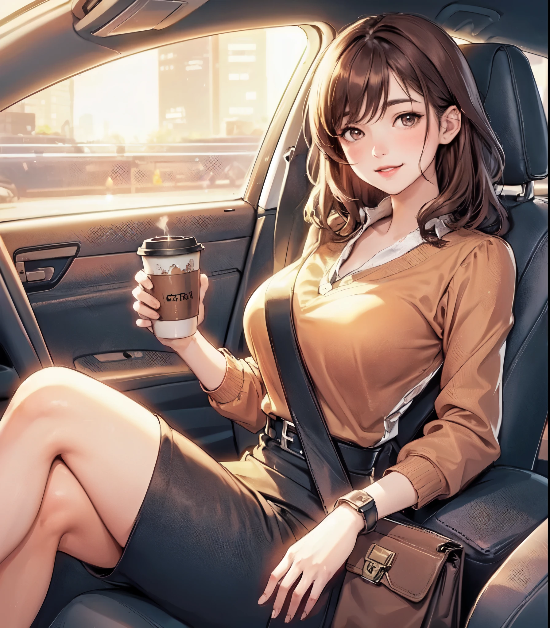 1lady solo, (sitting on passenger seat), (crossed legs), (stylish outfit), mature female, /(brown hair/) bangs, blush kind smile, (masterpiece best quality:1.2) delicate illustration ultra-detailed, large breasts BREAK holding a coffee cup BREAK (car indoors:1.2) passenger seat (seatbelt:1.2), (blur of the cityscape rushing by)