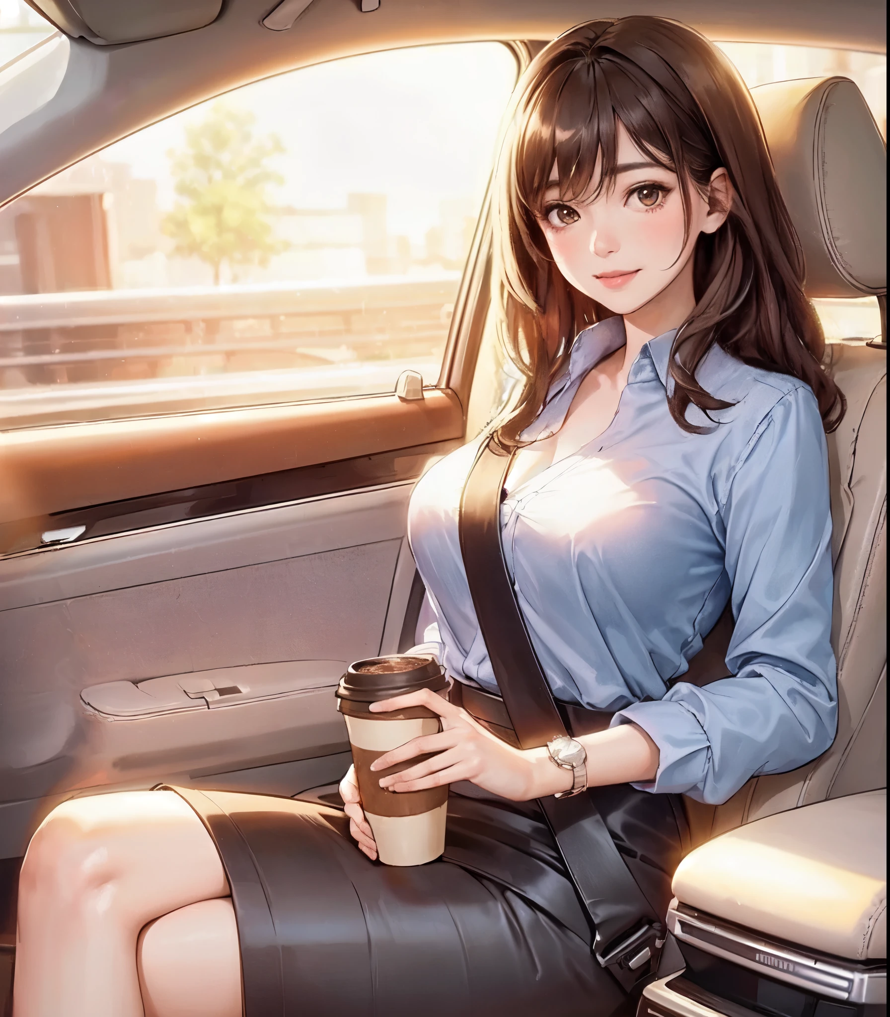 1lady solo, (sitting on passenger seat), (crossed legs), (stylish outfit), mature female, /(brown hair/) bangs, blush kind smile, (masterpiece best quality:1.2) delicate illustration ultra-detailed, large breasts BREAK holding a coffee cup BREAK (car indoors:1.2) passenger seat (seatbelt:1.2), (blur of the cityscape rushing by)
