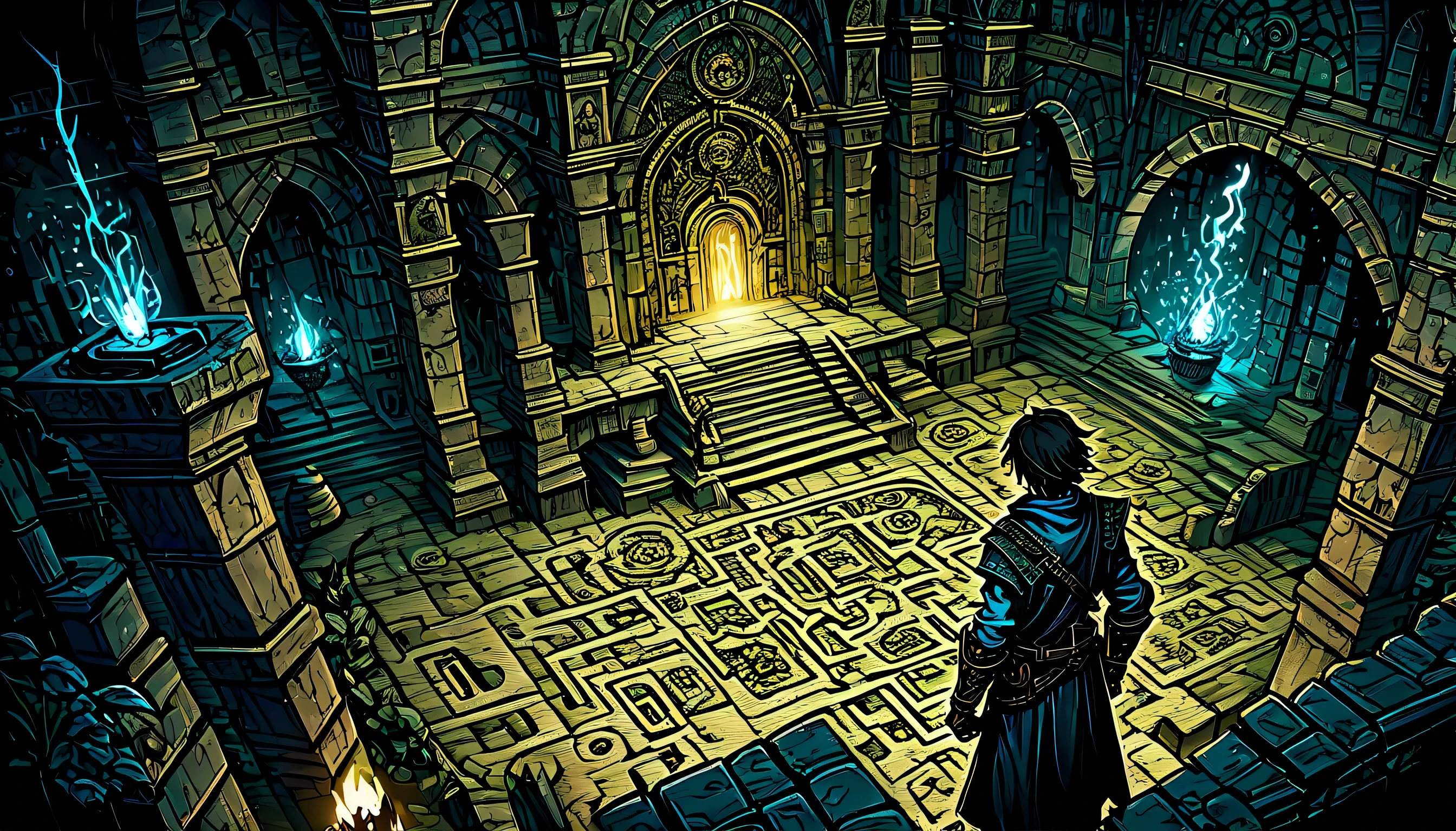 (((Dark fantasy dungeon with meticulously designed paper map background:1.3))), Decorated with intricate details showing a sense of madness, Delicate brush strokes and ink drawing techniques, Achieving an image of ultimate beauty, every minute element, dim glow effect, Artist dedication and high quality production, visually captivating paintings、Easily transport you to realms of enchantment and wonder. A young swordsman advancing through a dungeon.、Intricate, detailed and visually stunning illustrations, Dungeon map is overlaid with translucent exposure, Dark fantasy setting enhanced with intricate steampunk elements, Creates a sense of reality that feels like another world, Rendered in digital painting style, Absurd levels of detail and surreal resolution, Intricate details of a dark fantasy world with a dangerous maze map, Unique and visually stunning illustrations, Perfectly rendered with digital painting technology、Delivering a surreal and immersive experience, Made with attention to detail,