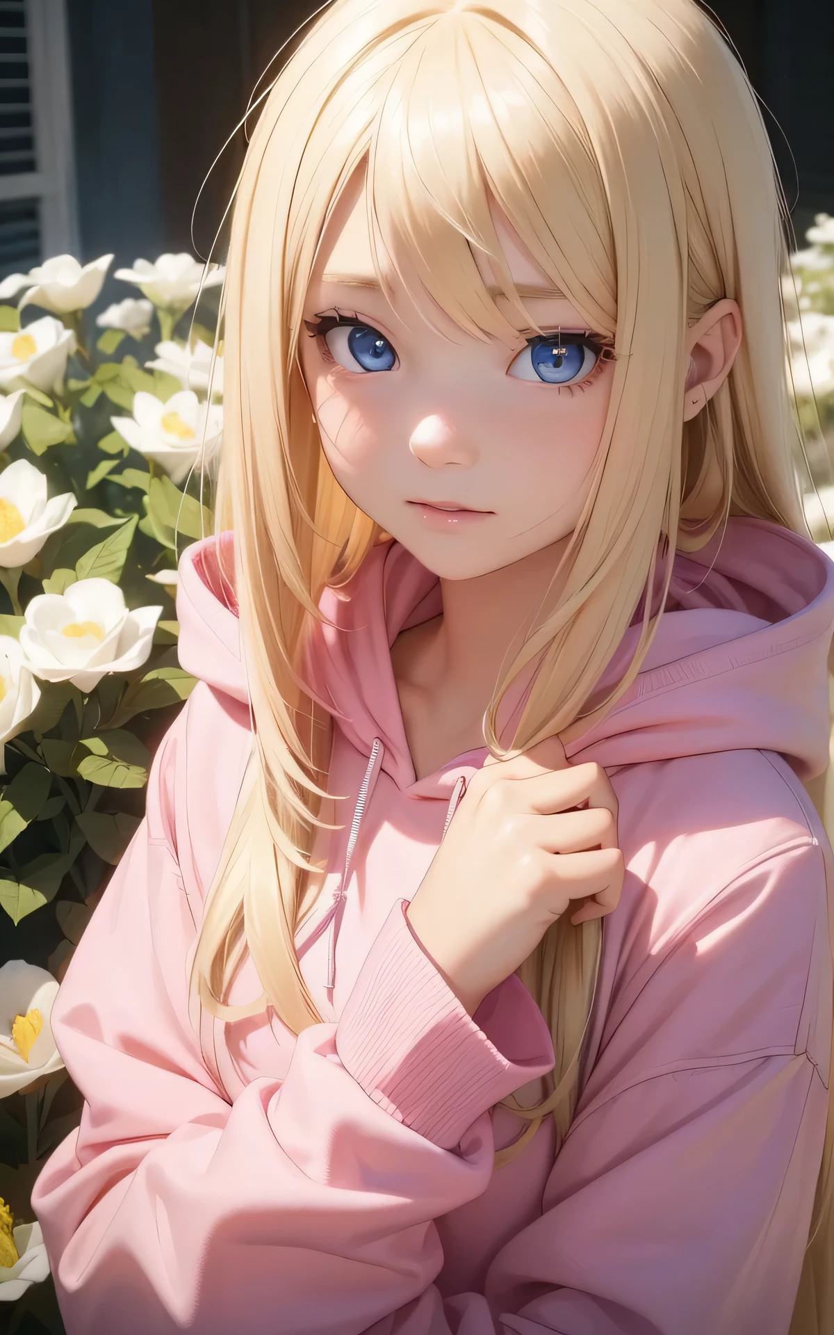 (blond hair:1.3、1girl、10years old、pretty girl、Flat Lighting、Bright expression、pink hoodie、full body:1.3)、absurd res:1.5、beautiful detailed eyes、perfect eyes、detailed hair、best quality、intricate detailed、Hyperrealistic、detailed background、perfect hands、detailed fingers、dramatic angle、(dark blue eyes、garden、big eyes)
