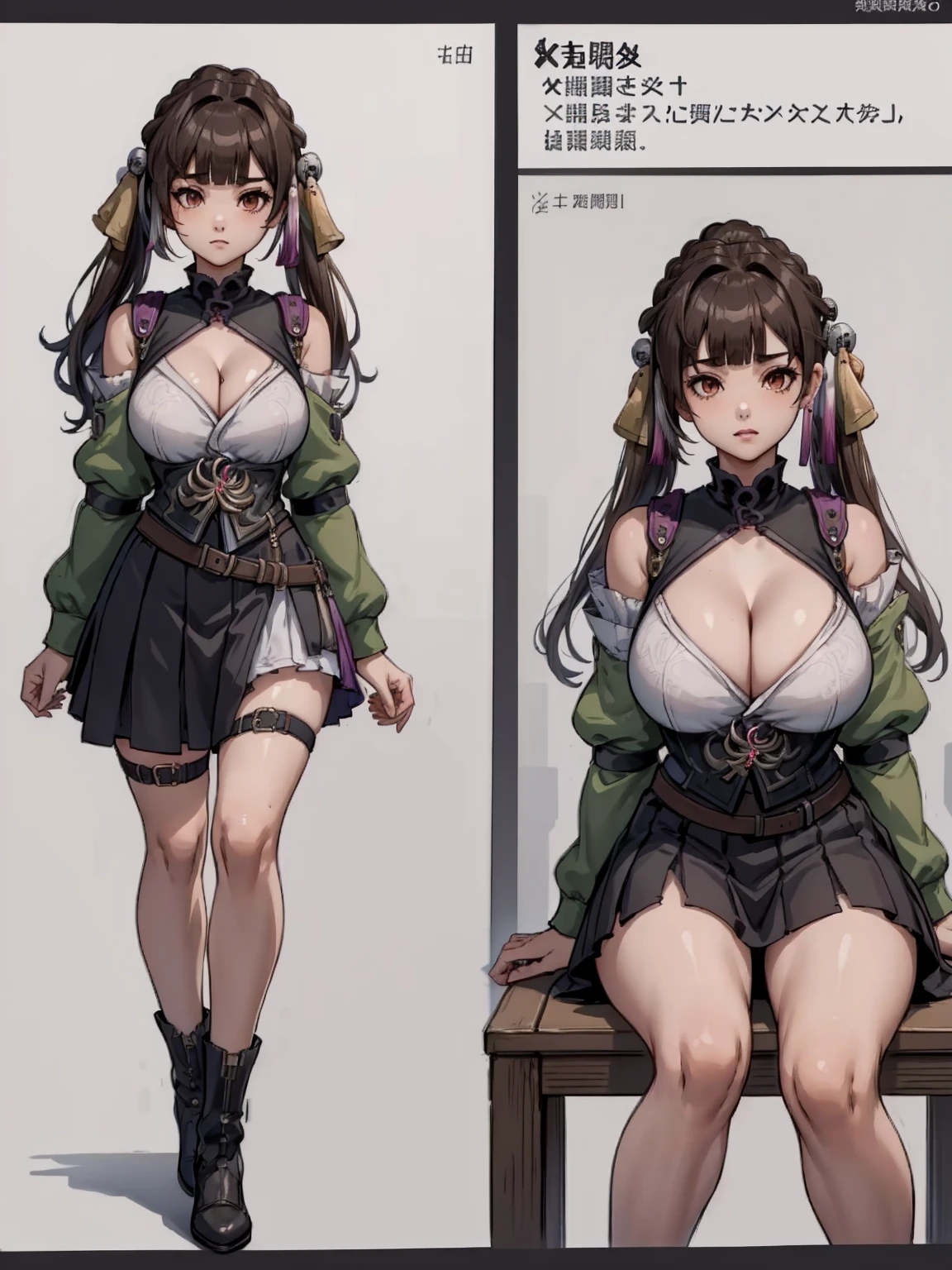 girl, solo, full body, from head to toe, sitting on the chair, (Huge_Breasts:1.3),
1woman, reference sheet, matching outfit, (fantasy character design, front, back, sides, left, right, up, down,
sushang, dress, twin tail hair, twin tail, brown hair, cleavage, short skirt, sexy pose, pose, sexy