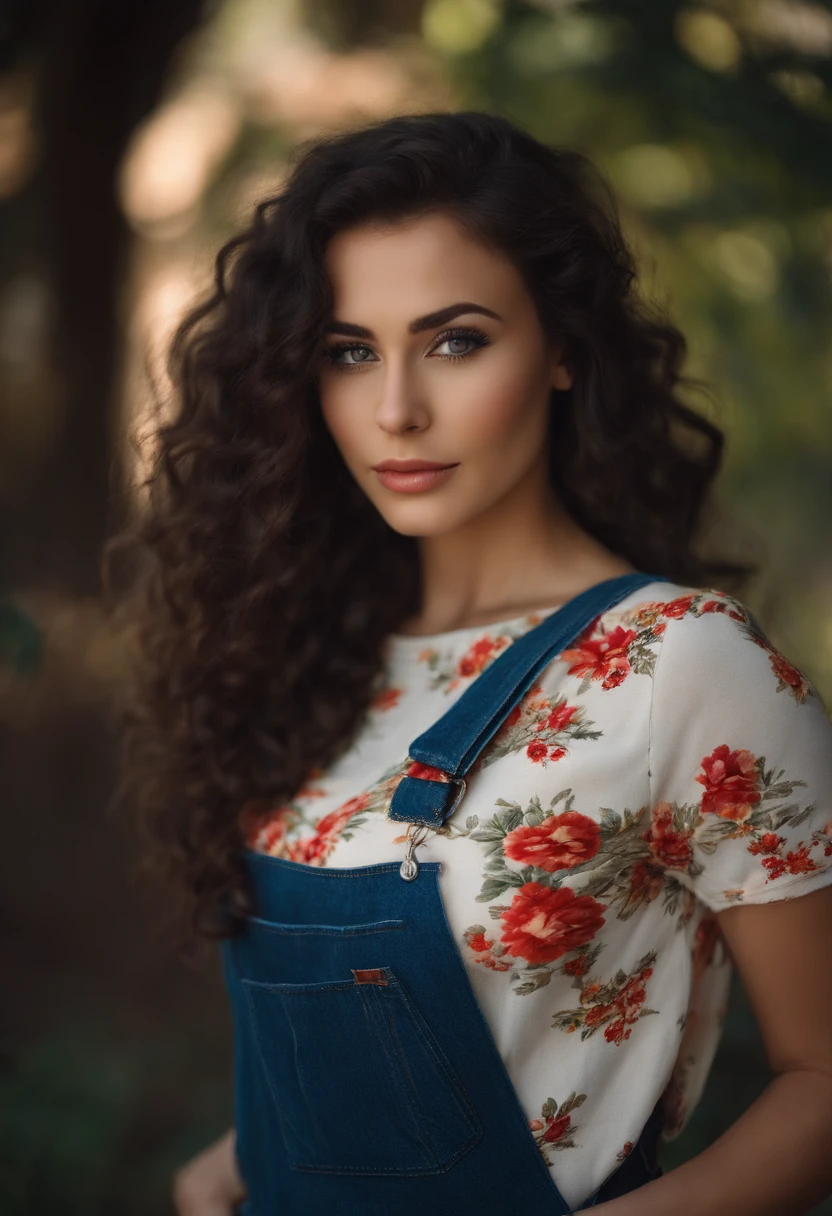 27 year old Russian girl , Sexy girl with brown eyes, portrait, big breasts, black long curly hair, dark skin, big eyes, selfie of a young woman, Natural makeup, clothing denim overalls, floral T-shirt under overalls, Warm shades, soft focus