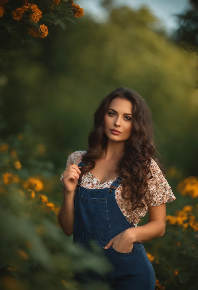 27 year old Russian girl , Sexy girl with brown eyes, portrait, big breasts, black long curly hair, dark skin, big eyes, selfie of a young woman, Natural makeup, clothing denim overalls, floral T-shirt under overalls, Warm shades, soft focus