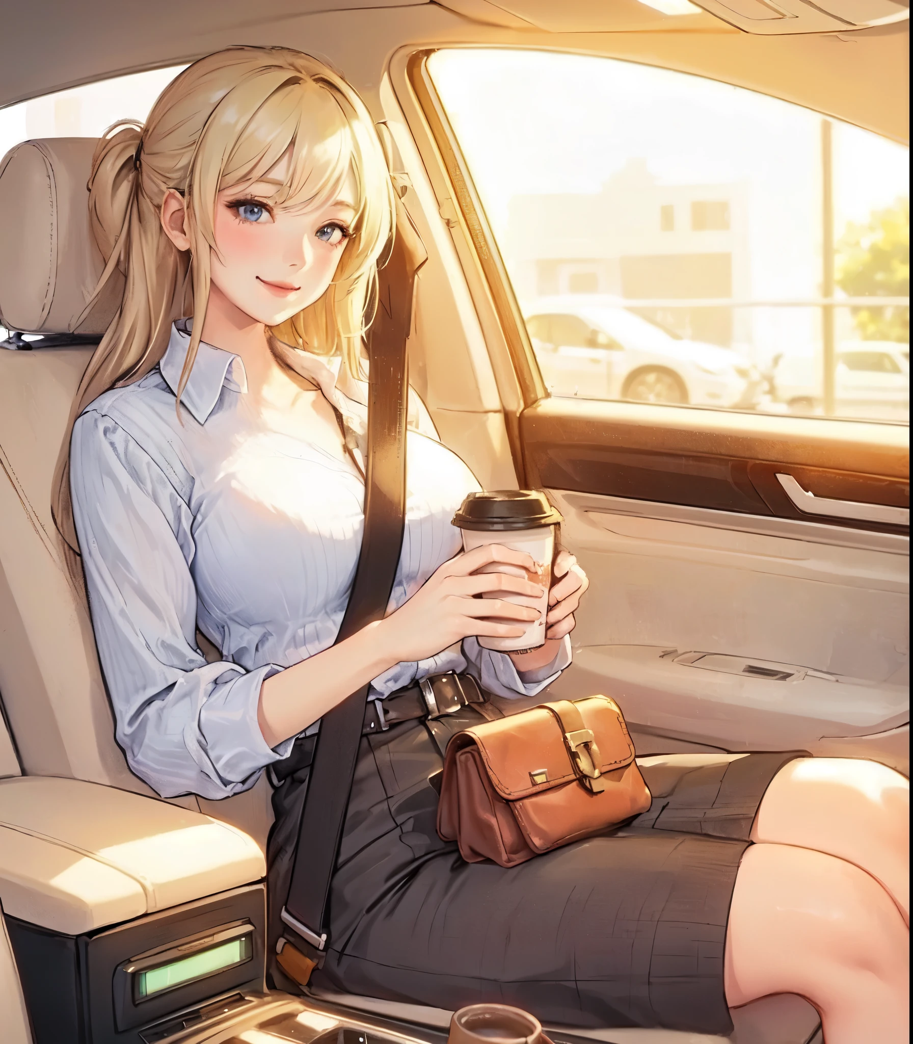 1lady solo, (sitting on passenger seat), (stylish outfit), mature female, /(blond hair/) bangs, blush kind smile, (masterpiece best quality:1.2) delicate illustration ultra-detailed, large breasts BREAK holding a coffee cup BREAK (car indoors:1.2) passenger seat (seatbelt:1.2), (blur of the cityscape rushing by)