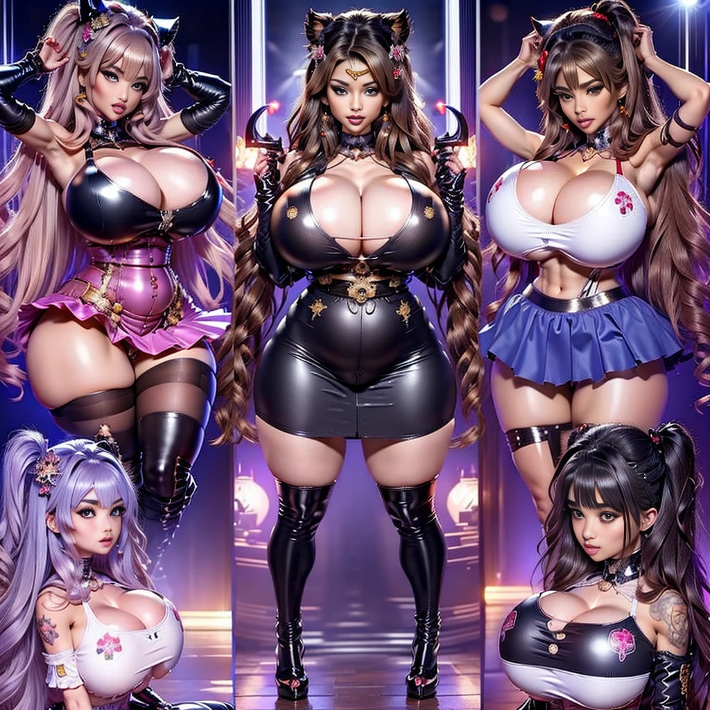 (perfect anime illustration, brown hair, wavy hair, hazel eyes, 1 girl, blue skirt suit, black high heels, business woman, High resolution, whole body, thousands of girls, identical sisters, matching outfit, hairstyle that suits you, face matching, Group photo)、 Super high resolution Precise details、big breast beauty、Plump、(big breasts:1.5)、pregnant woman、thick arms、thick waist、thick legs、Purupuru、perfect face、big nipples、big areola、big cleavage、disproportionately large breasts、big lips、Big eyes、necklace、bangle、Foot wheels、big breasts、hard nipples、tattoo、flushed face、sex、watch、Cute ribbon on head、big pussy、Ahegao、raise your legs、((5 idol group、A group of five people full of individuality))、(sing、microphone)、stand tall