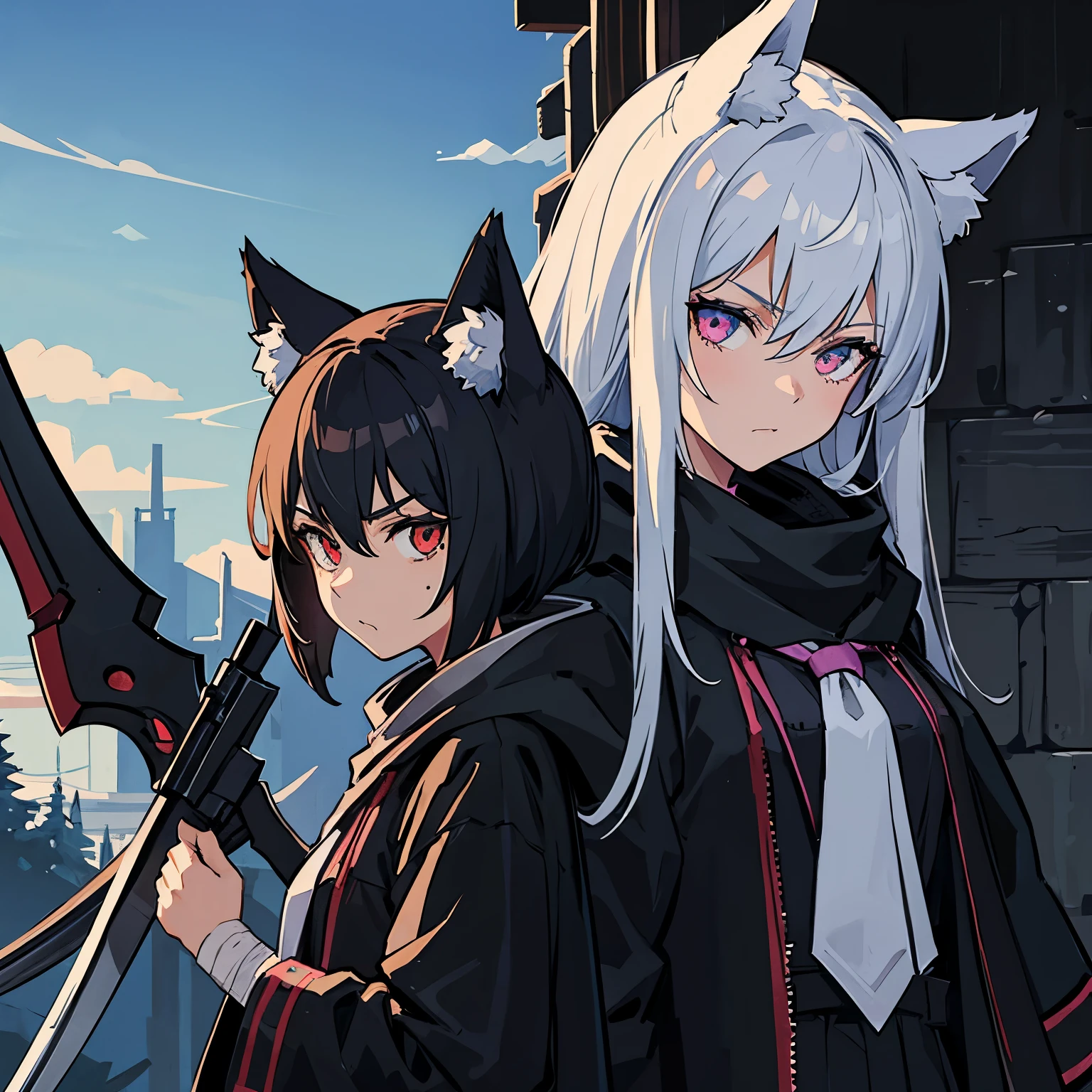 I am girl and I attacker, my weapon is a scythe, I wear a mask and I wear Wolf robe, my hand is bandaged.