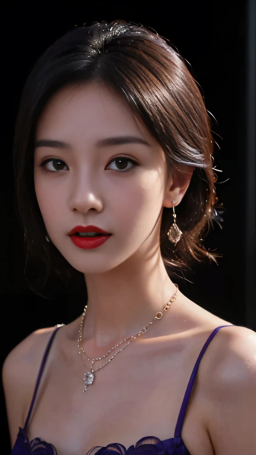 ((half body shoot), Realism, , Rim Lights, Rim Lighting, Rim Light, Natural Lighting, Sunlight, Volumetric Lighting, Volumetric Light, Volumetric, ((high quality:1.2, masterpiece:1.2)), absurdres, high resolution, (8k resolution), 8k, 8kres, 8k res, high details, detailed and intricate, intricate details, high intricate details, absurd amount of details, ((looking at viewer)), detailed face, 1girl, solo, fashi-girl, mature girl, cute, sweet, a girl wearing kebaya, purple kebaya, red lips, medium breasts, diamond necklace, diamond earring, real textured skin, no sexy