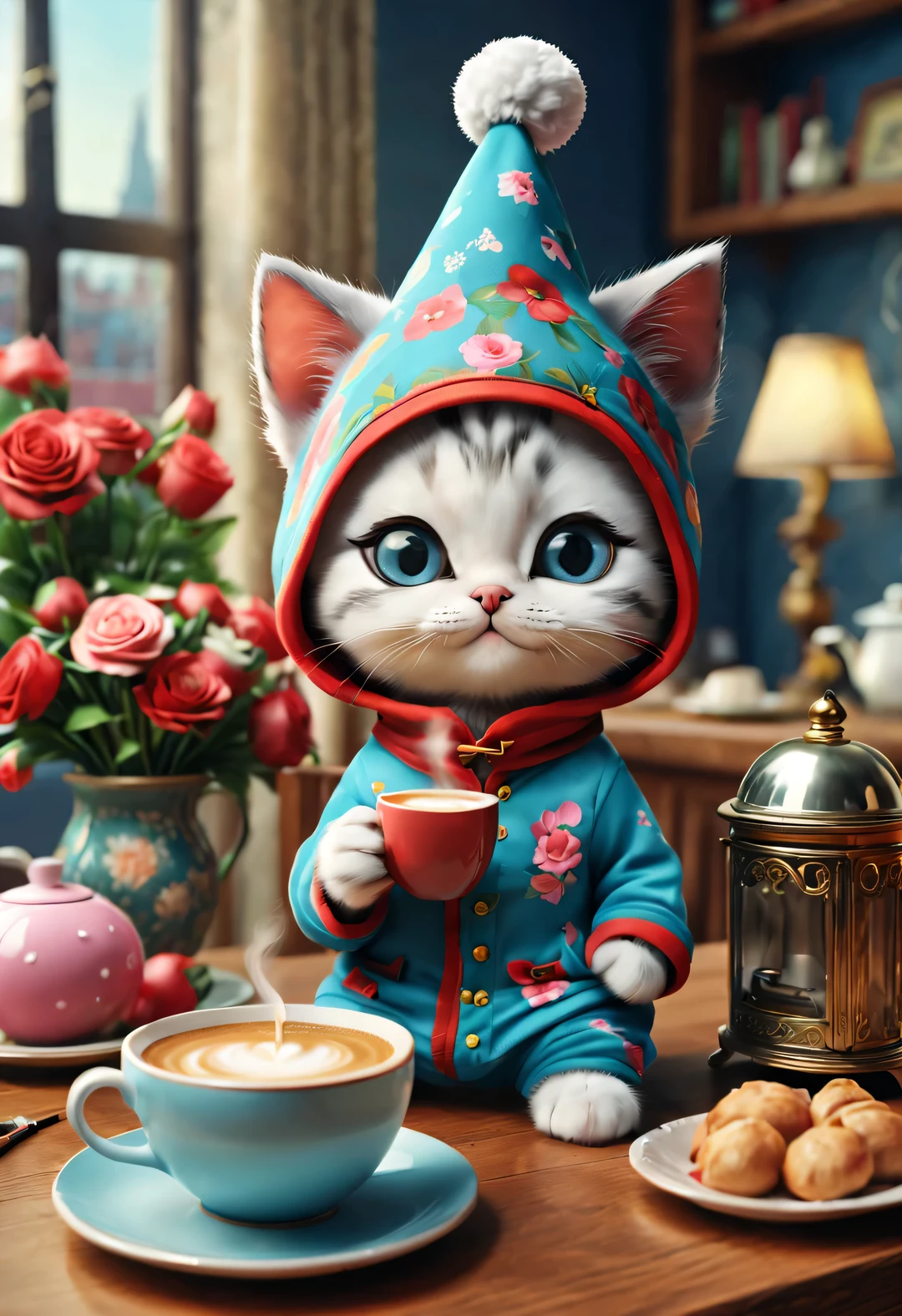 With folk art style,
 （A cute kitten is drinking coffee），Kitten wearing nightcap，Wearing hip-hop style pajamas，Wearing an exaggerated nightcap，detailed details，beautiful details，lipstick，Makeup Pen，perfume，flowers，Magazine，
background：3D rendering of dining table， cartoon，illustration，Pixar，cartoon，ultra high definition， high quality，32k，