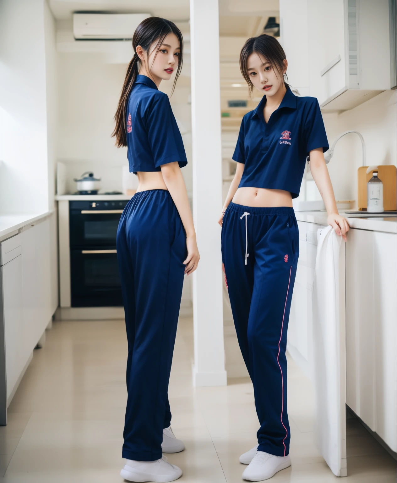 two girls in the kitchen, Navy blue short-sleeved shirt,Navy Long Trackpant,Sweatpants, Sweatpantsขายาว,25 year old girl, lesbian, sexy, exercise clothes, wet body, exercise clothes, exercise clothes