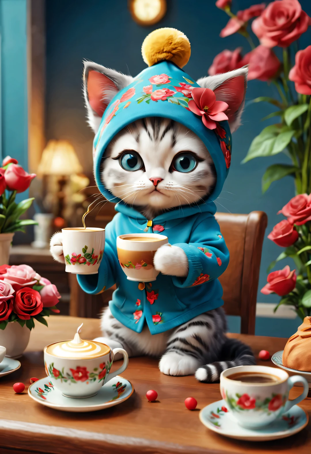 With folk art style,
 （A cute kitten is drinking coffee），Kitten wearing nightcap，Wearing hip-hop style pajamas，Wearing an exaggerated nightcap，detailed details，beautiful details，lipstick，Makeup Pen，perfume，flowers，Magazine，
background：3D rendering of dining table， cartoon，illustration，Pixar，cartoon，ultra high definition， high quality，32k，