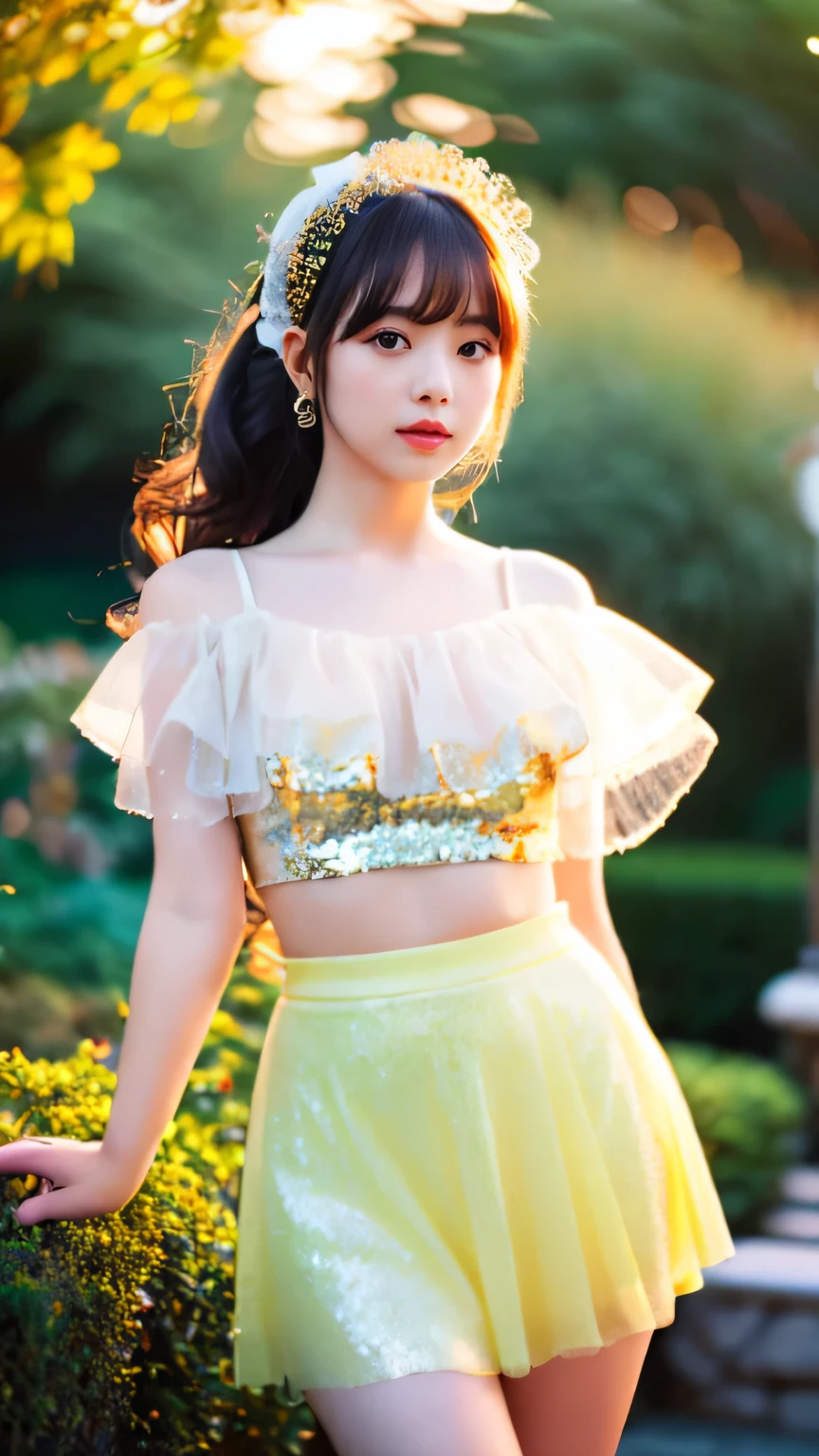 (realistic, photo-realistic:1.4), (extremely detailed 8k wallpaper), sharp focus, depth of field, blur background, detailed beautiful eyes and skin, (Image from thighs to head), Canon R5 50mm, Japanese idol, large breast, Whimsical pastel yellow tulle skirt with a sequin top, Playful, Dreamy, Enchanted garden, Magical sunset,