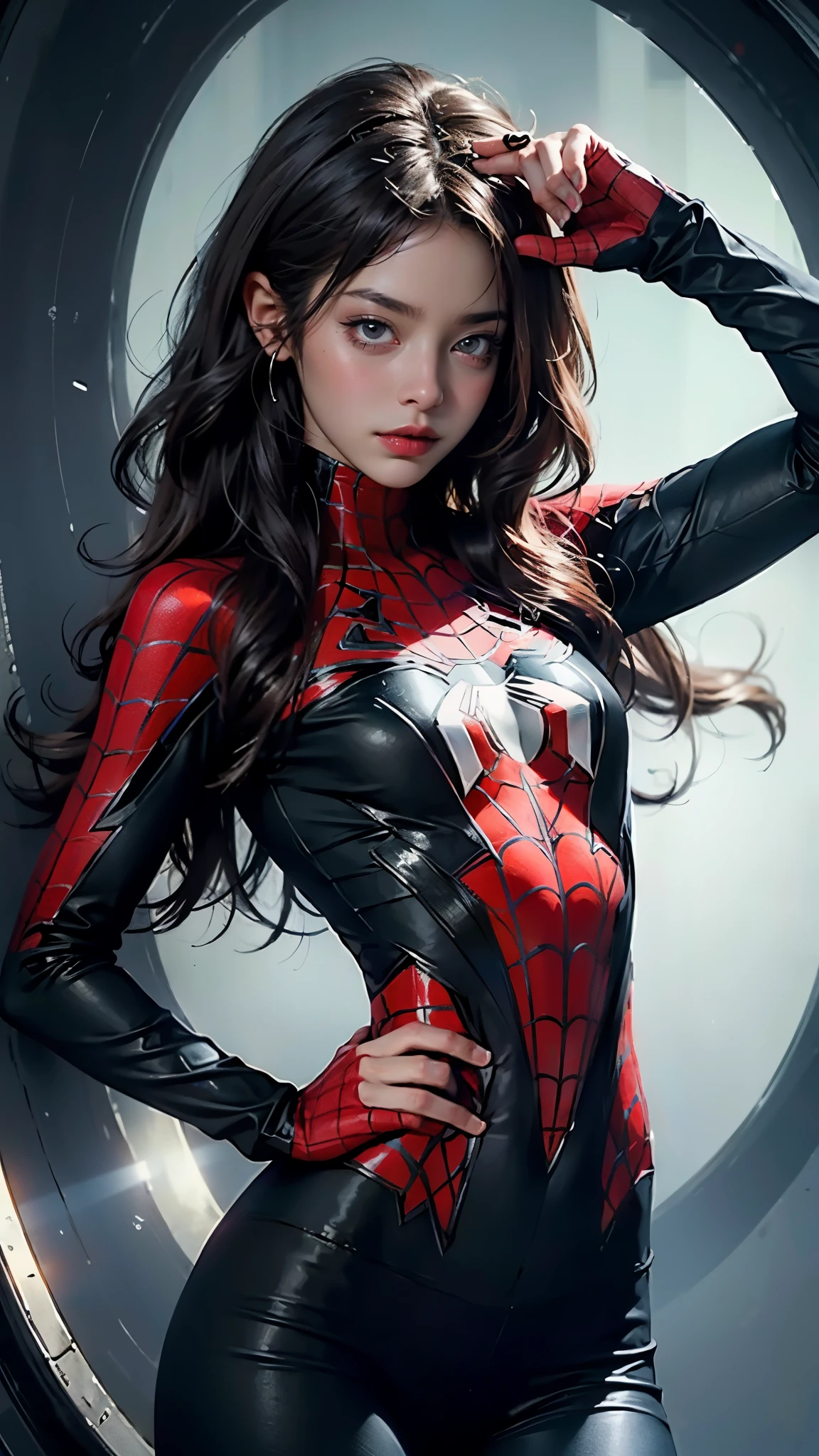 Beautiful woman detailed defined body using spider man cosplay, small breasts