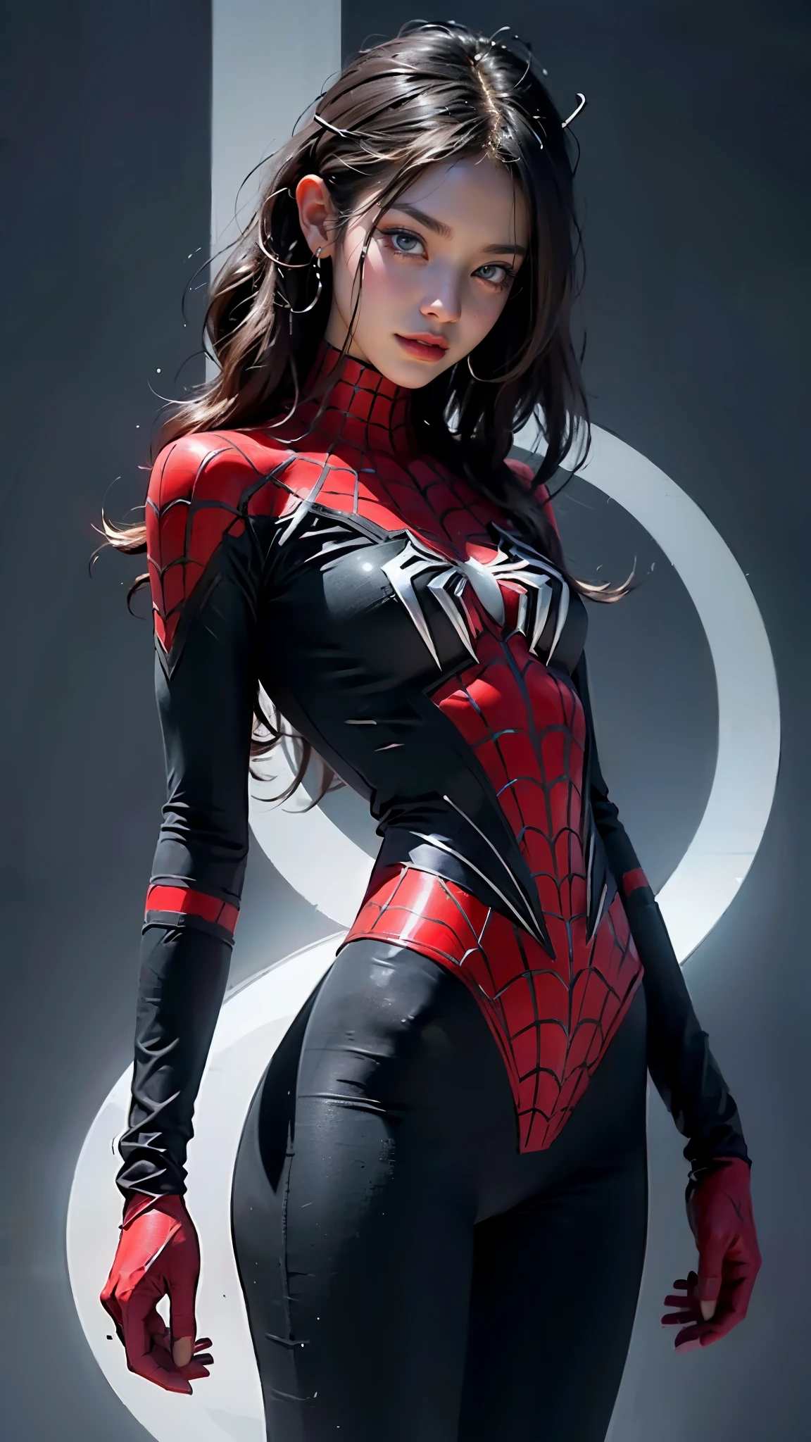 Beautiful woman detailed defined body using spider man cosplay, small breasts