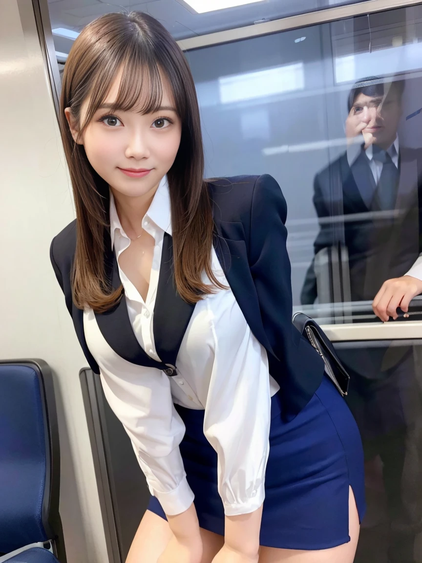 Casual office woman、suit、tight mini skirt、in the train、both hands behind back、being molested、whole body、highest quality、super detailed、Super high resolution、(Photoreal:1.8)、almost 1、erotic face、looking at the viewer、laughter、natural soft light、big breasts
